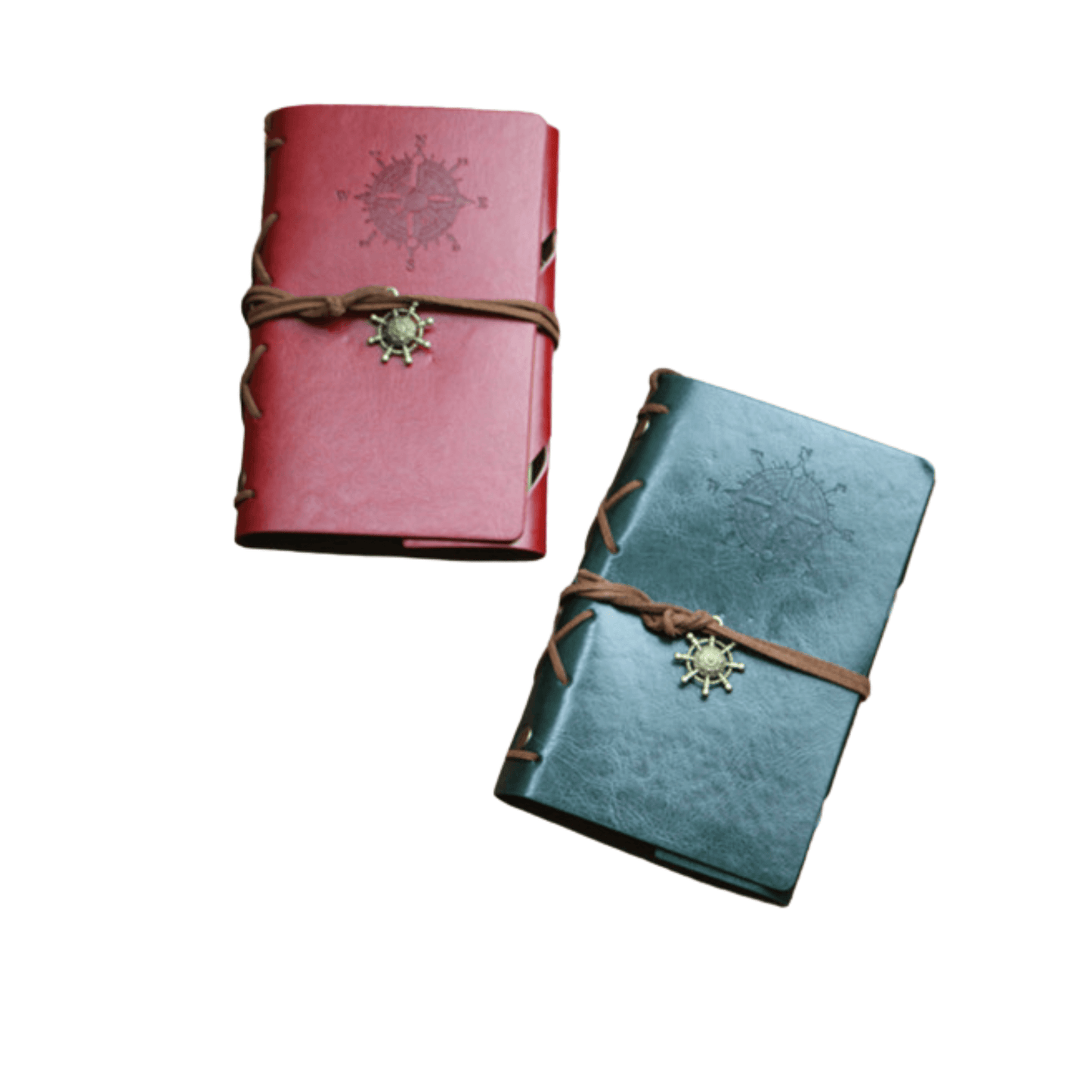 Genuine leather bound travel journals in red and green with compass insignia and leather tie.