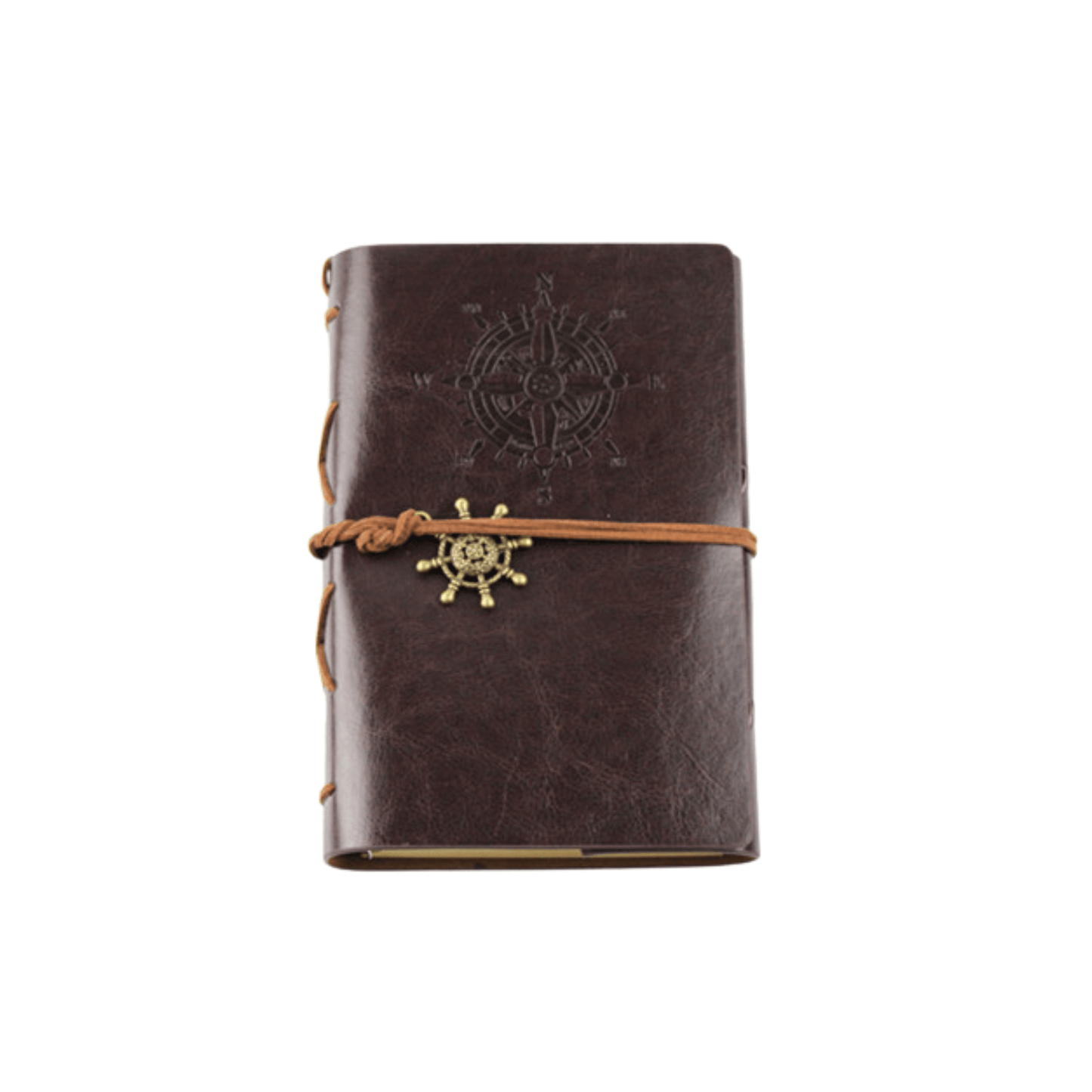 Genuine leather bound travel journal with compass design and metal clasp, ideal for writers and travelers.