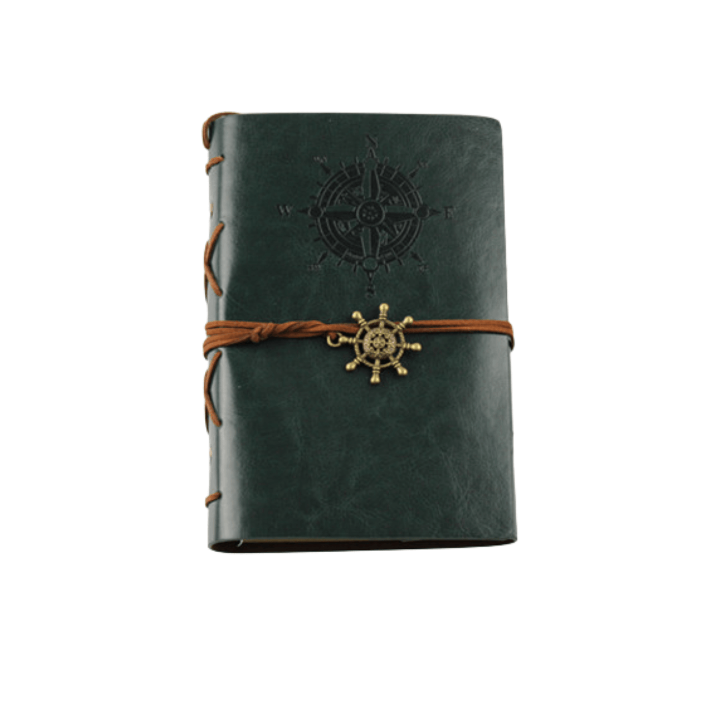 Genuine leather bound travel journal with compass design and brass charm, perfect for writers and travelers.
