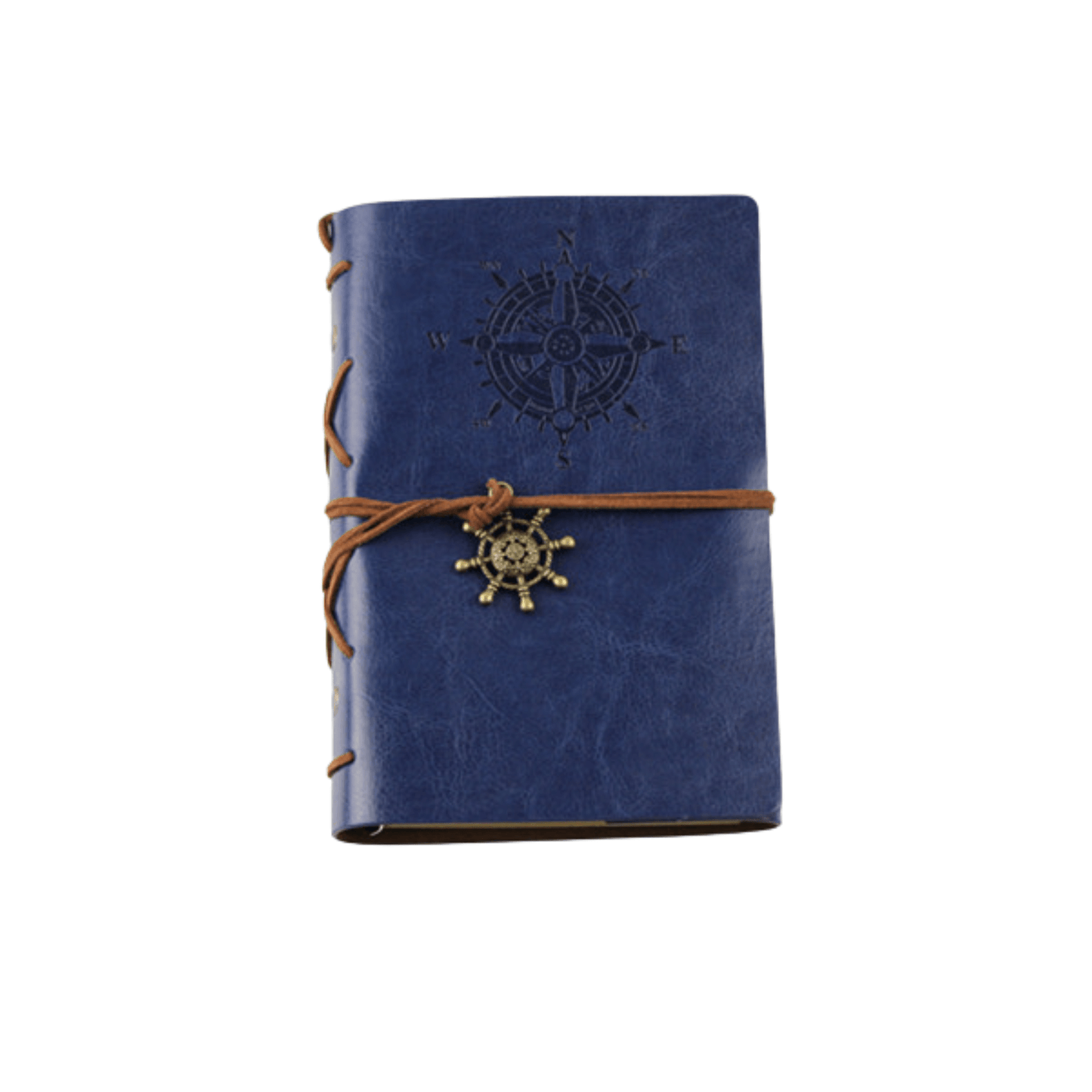 Genuine leather bound travel journal with compass design and metal charm, ideal for writing and sketching.
