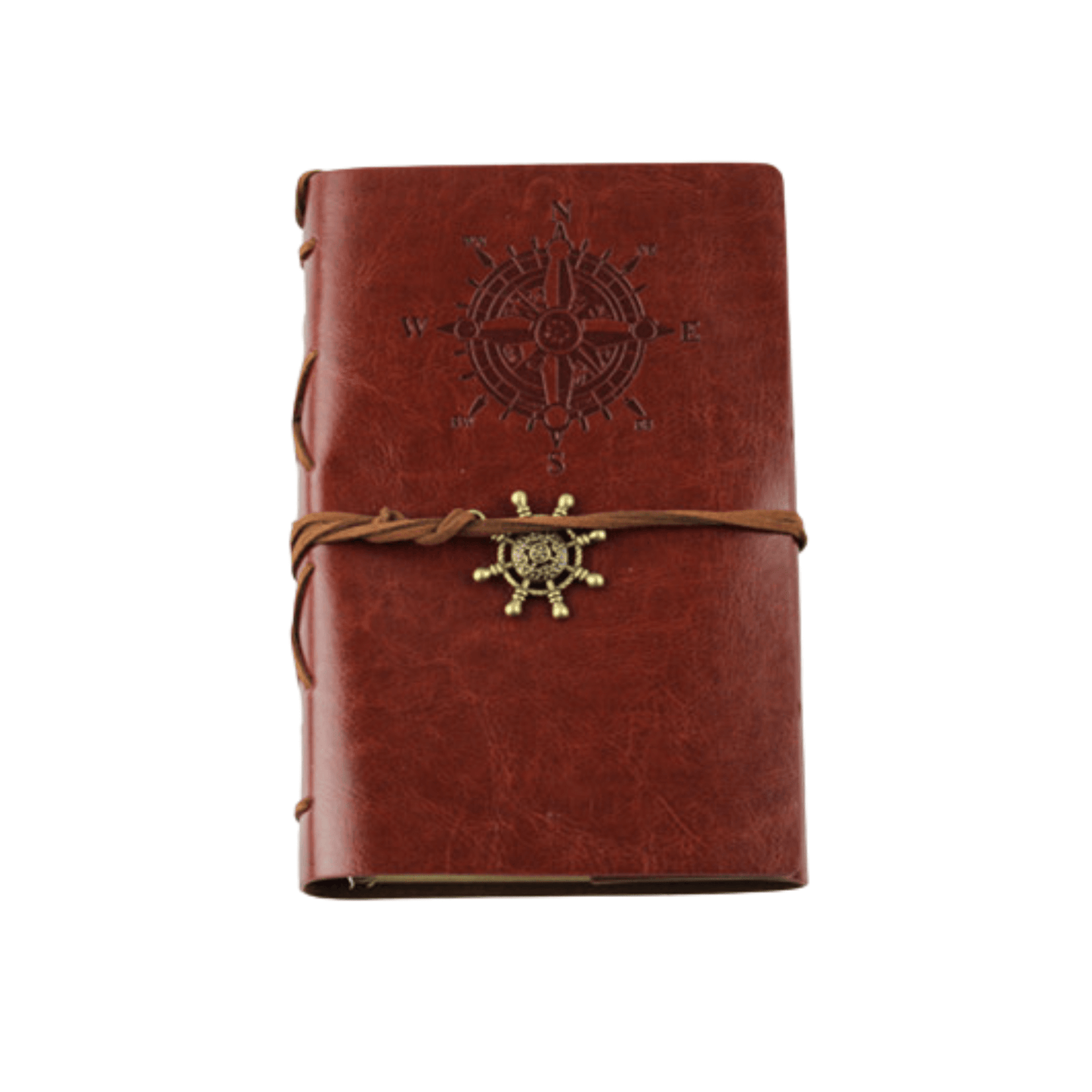 Genuine leather travel journal diary book with compass design, 80 pages, bound with decorative strap and insignia.