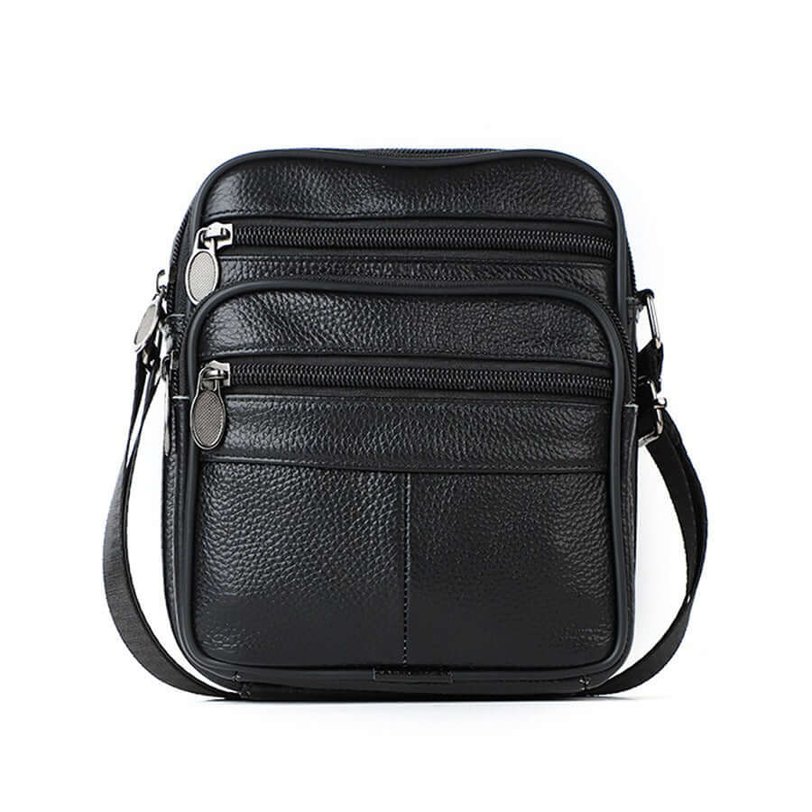 Black genuine leather cross body messenger bag with multiple zippered pockets.
