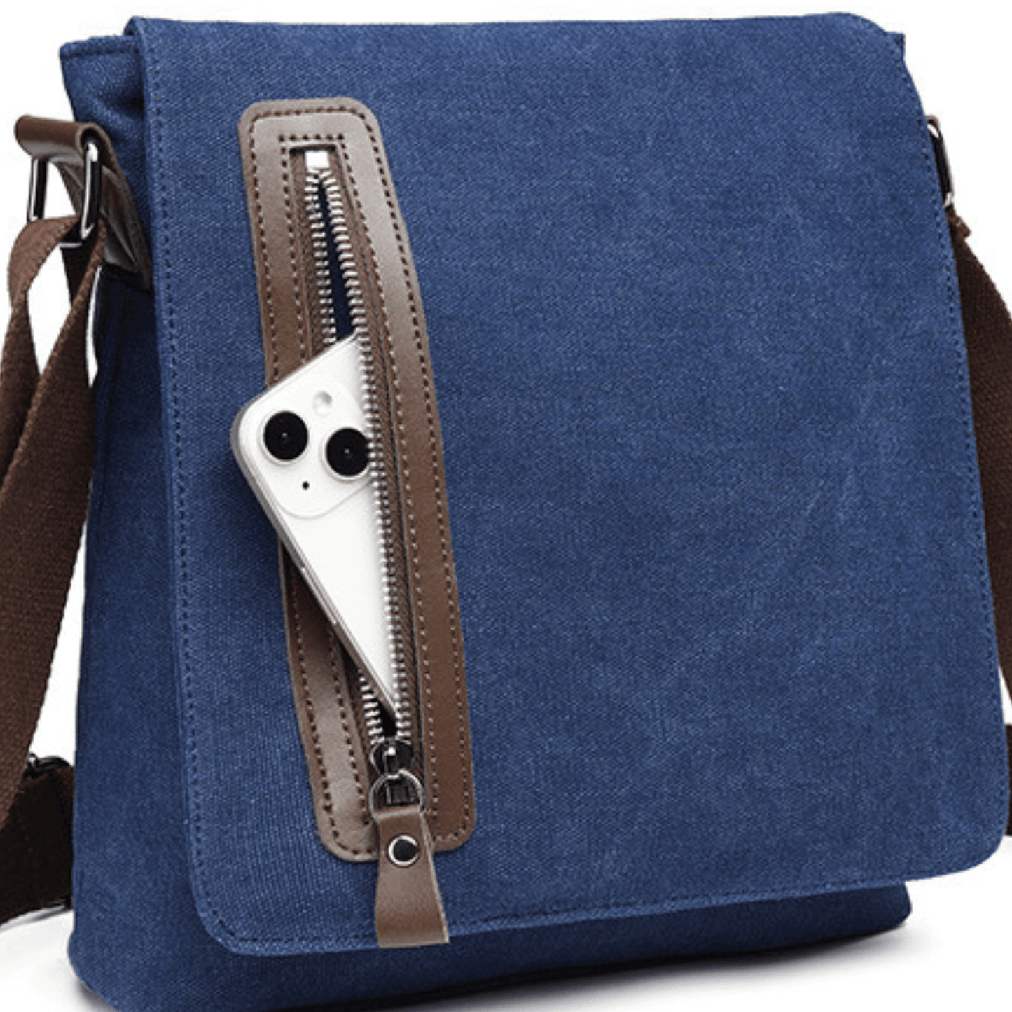 Men's blue canvas messenger bag featuring a stylish zippered pocket and cross body strap, perfect for daily use.