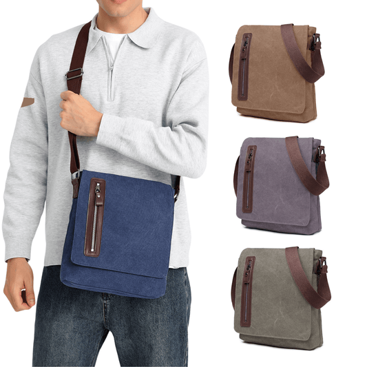 Men's canvas messenger bag in various colors, featuring crossbody design and adjustable strap, perfect for everyday use.