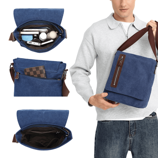 Men's canvas messenger bag with crossbody strap showcasing spacious interior and multiple pockets.