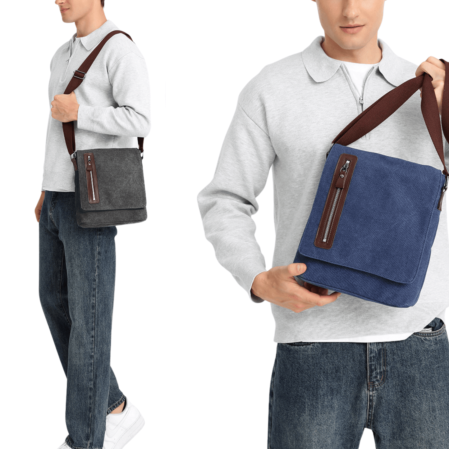Men's canvas messenger bags in grey and blue, showcasing crossbody style and modern design.