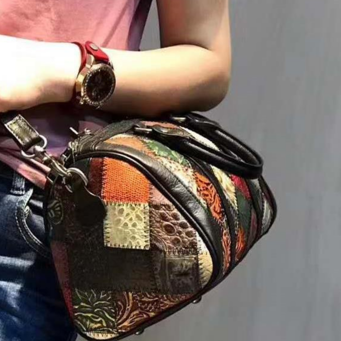 Women's genuine leather cross body shoulder bag with colorful patchwork design, perfect for travel and everyday use.