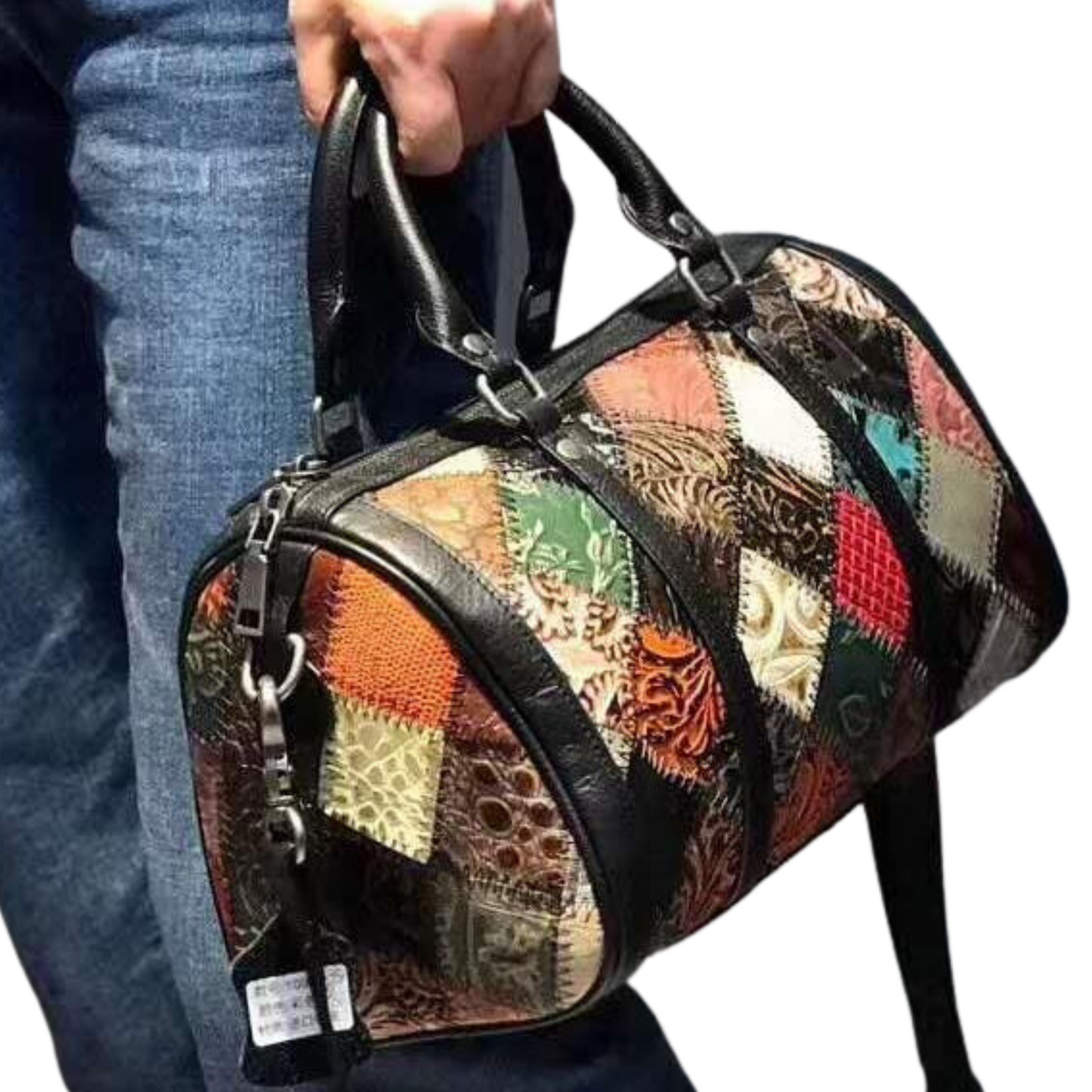 Colorful women's genuine leather cross body duffle bag, perfect for travel and everyday use.