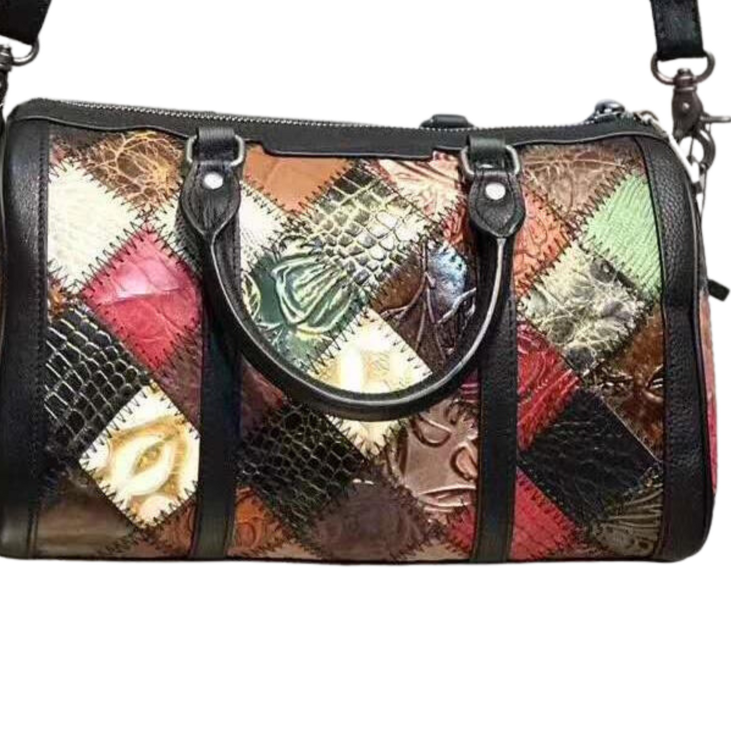 Multicolored genuine leather cross body duffle bag with black straps and textured patches.