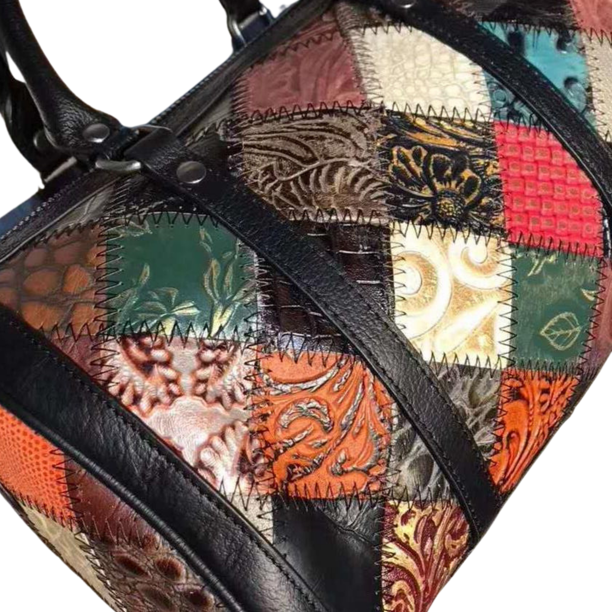 Colorful women's genuine leather cross body duffle bag with patchwork design and stylish stitching details.