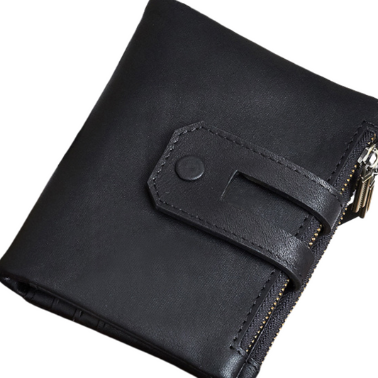 Men's compact cash coin wallet made of full grain leather in black with double stud closure and zippered pockets.