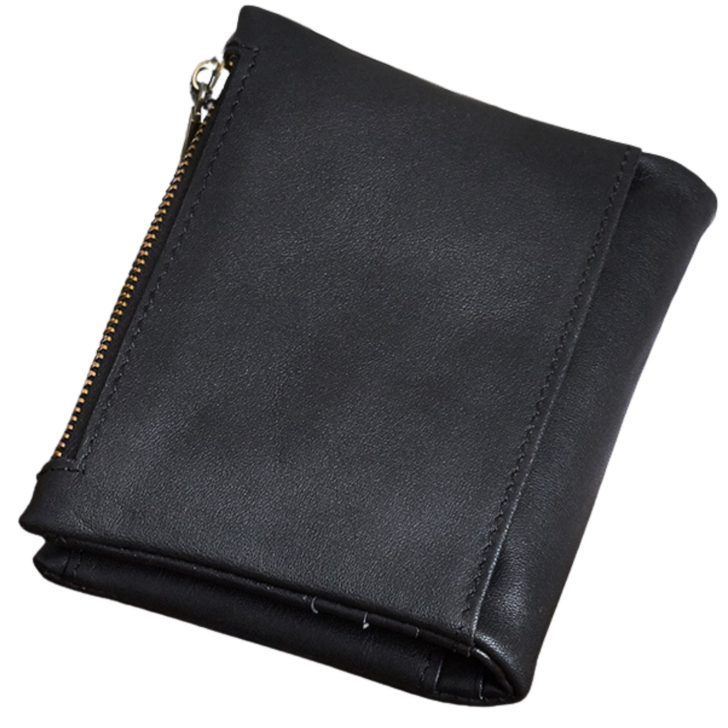 Men's full grain genuine leather compact cash coin wallet in black with zipper and double stud closure.