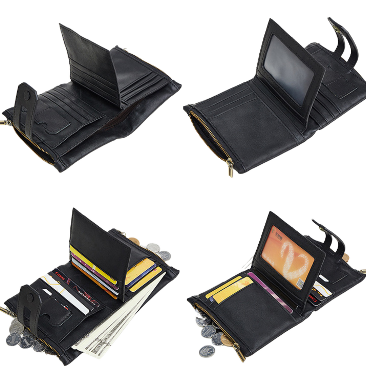 Men's Genuine Leather Compact Cash Coin Wallet in Black with credit card slots and coin pockets.