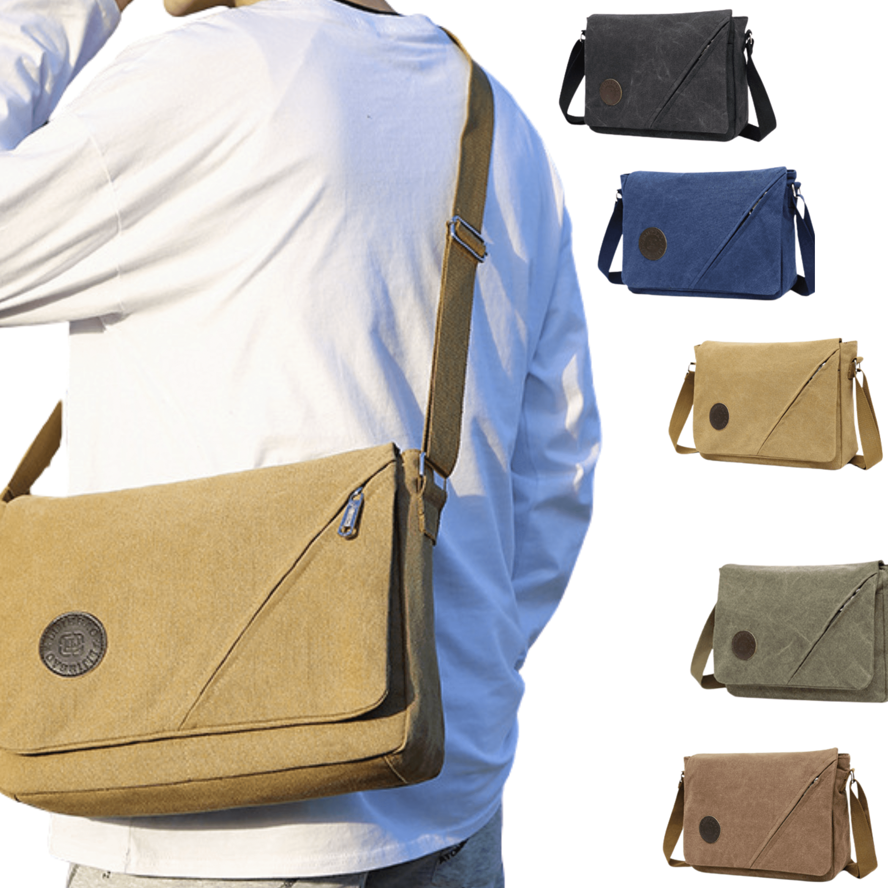 Canvas messenger bag displayed in five colors, featuring front flap zipper and adjustable strap, styled for everyday use.