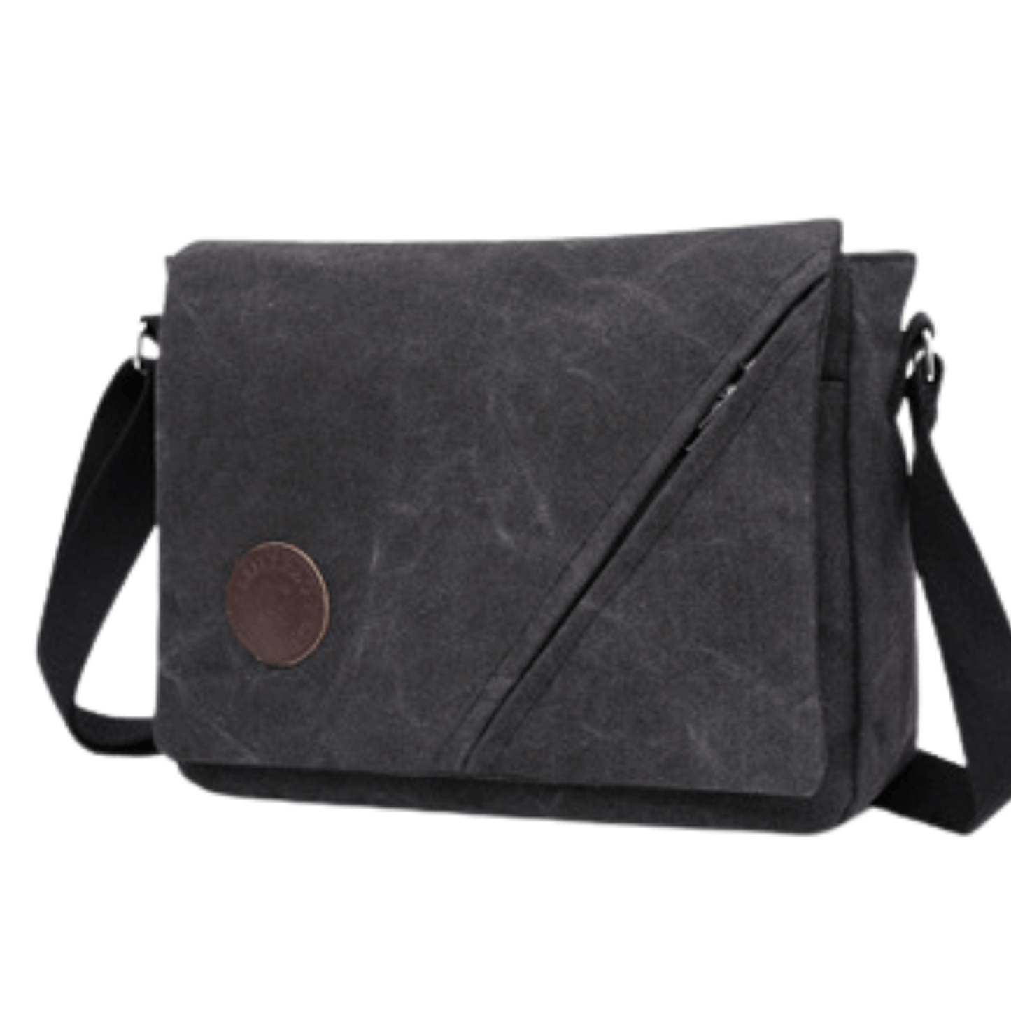 Stylish canvas messenger bag with front flap zipper and adjustable strap in black color.