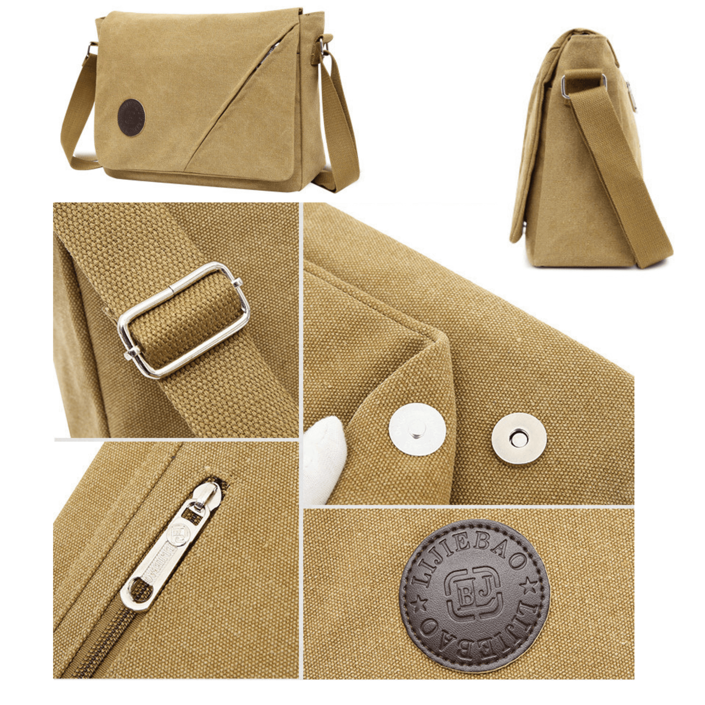 Canvas messenger bag in khaki with adjustable strap, front flap, zipper detail, and durable stitching.