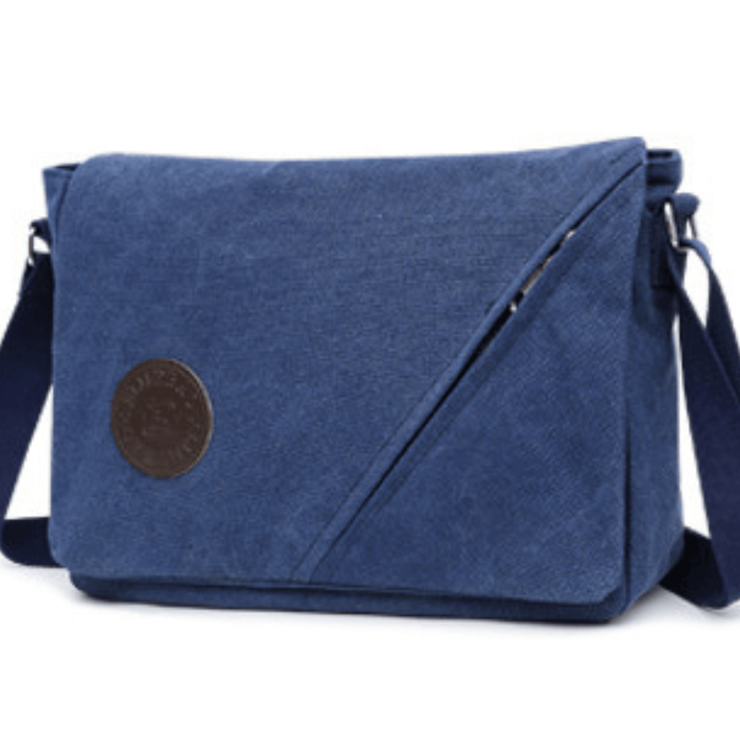Canvas messenger bag in blue with front flap zipper and adjustable strap, perfect for organizing essentials.