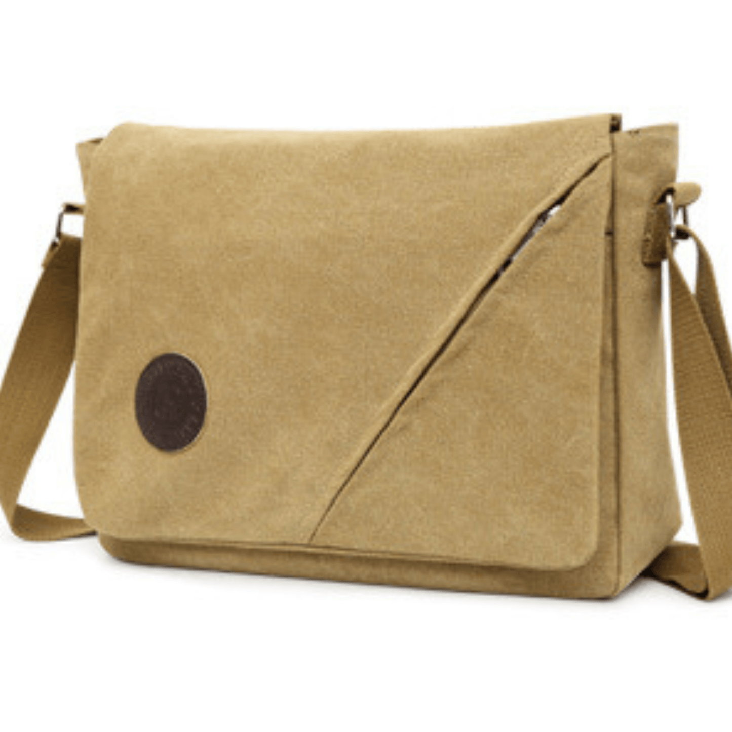 Canvas messenger bag and satchel in beige with front flap zipper and adjustable crossbody strap.