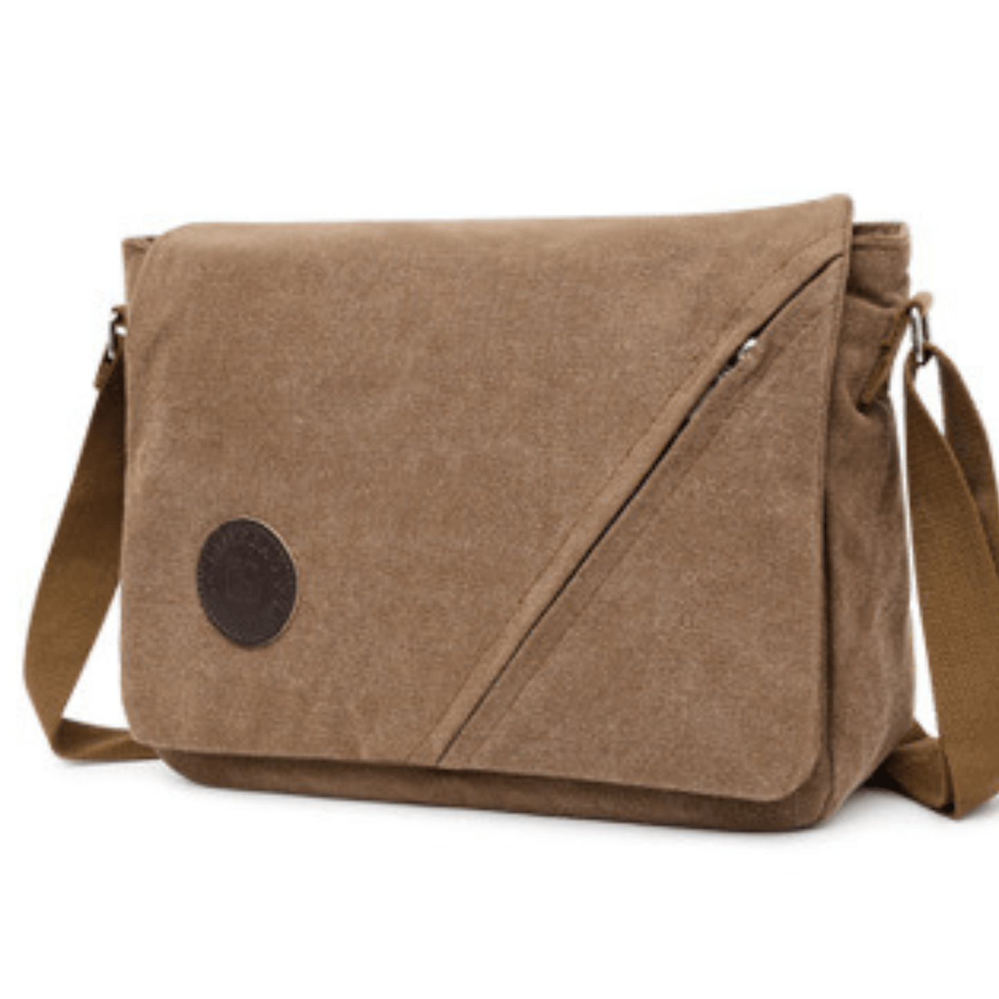 Canvas messenger bag in brown with front flap zipper and adjustable shoulder strap, perfect for organization and style.