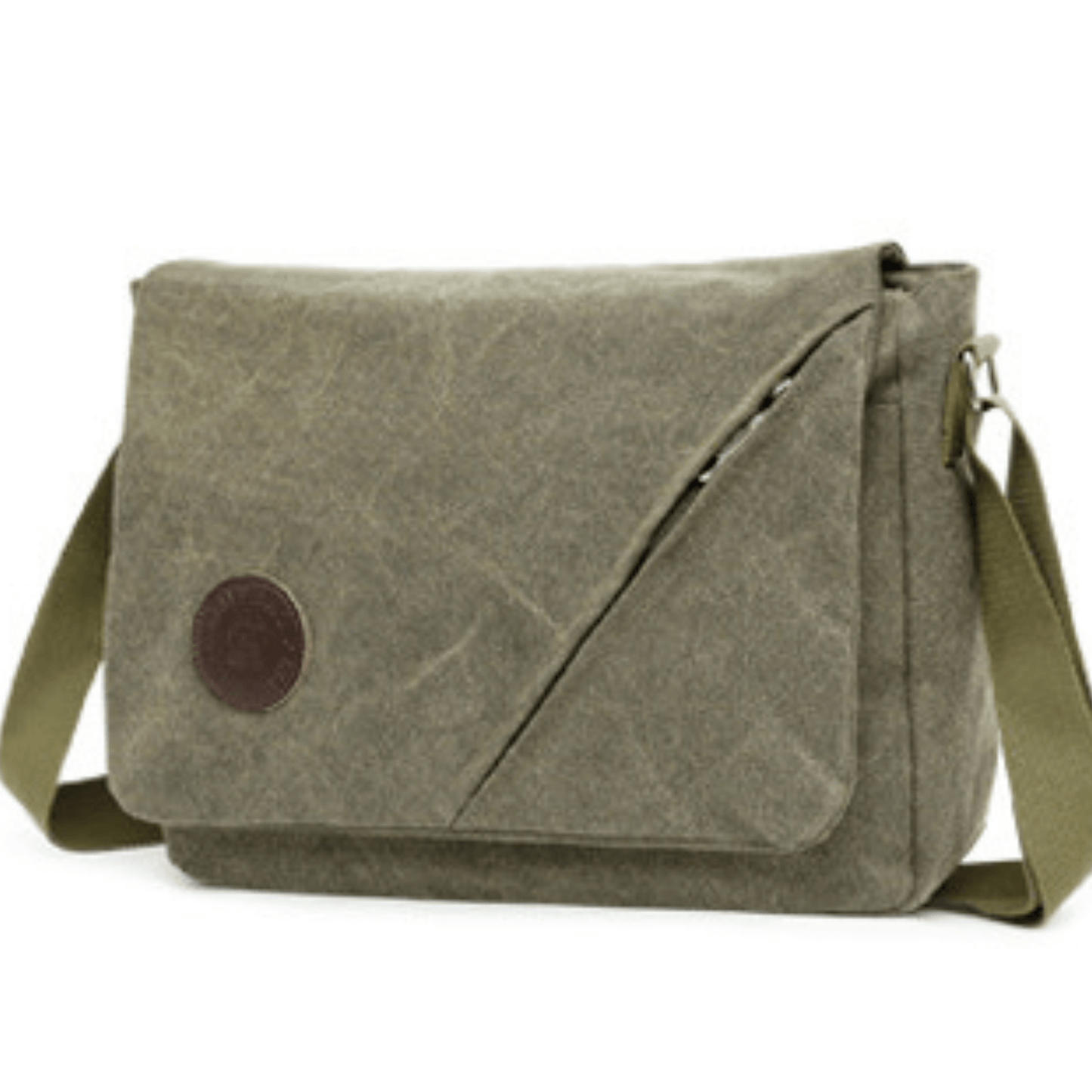 Canvas messenger bag in olive green with front flap zipper and adjustable strap, perfect for organization and style.