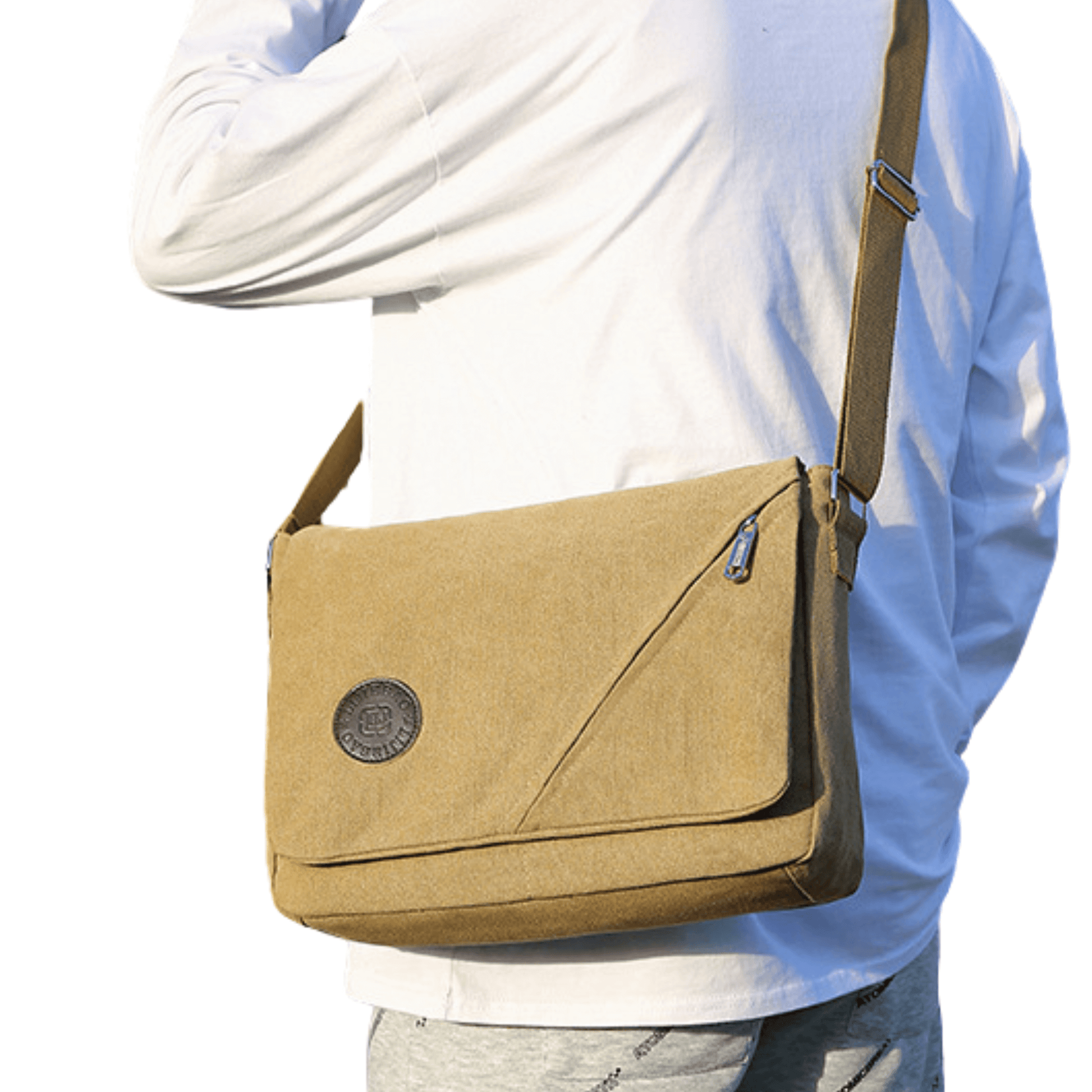Canvas messenger bag worn crossbody, featuring front flap zipper and adjustable strap, ideal for stylish organization.