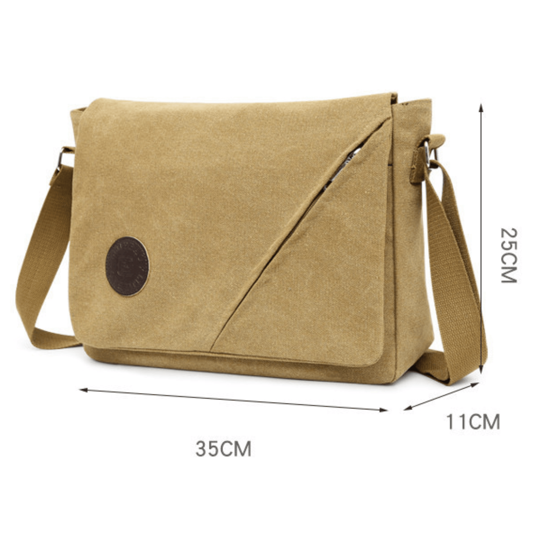 Canvas messenger bag in tan with front flap zipper, adjustable strap, measuring 35cm x 25cm x 11cm.