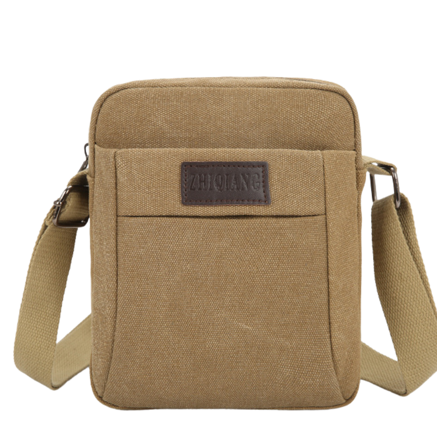 Small compact canvas messenger bag with zipper pockets, perfect for travel and everyday use.