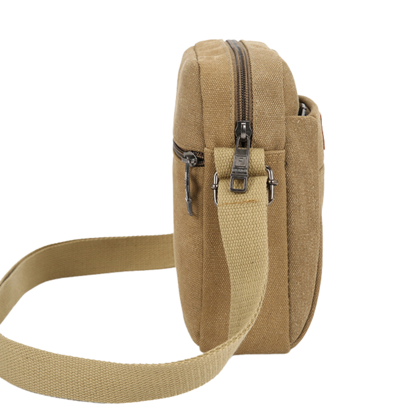 Small compact canvas messenger bag in beige with shoulder strap, featuring multiple zipper pockets.