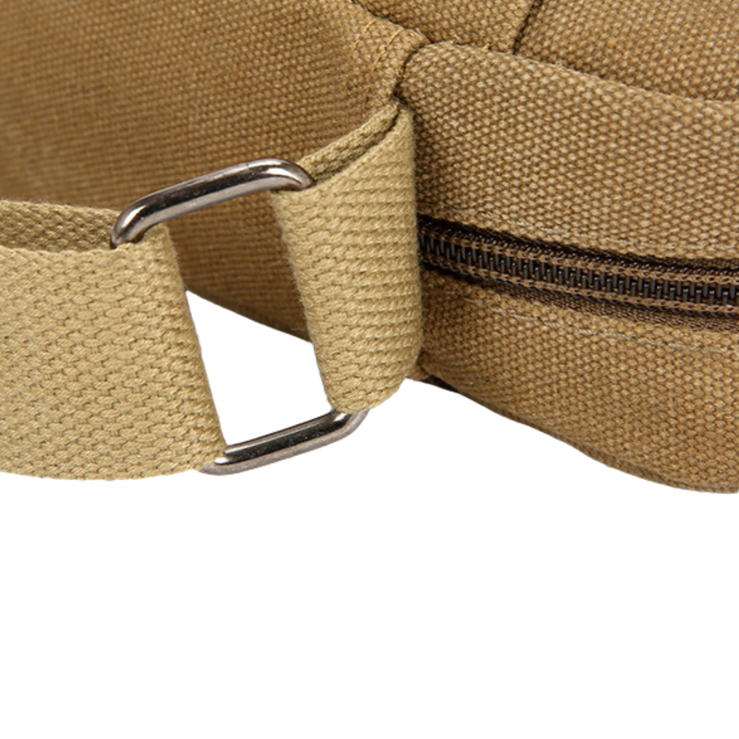 Close-up of the strap and zipper detail on a small canvas messenger bag, highlighting its compact design and durability.