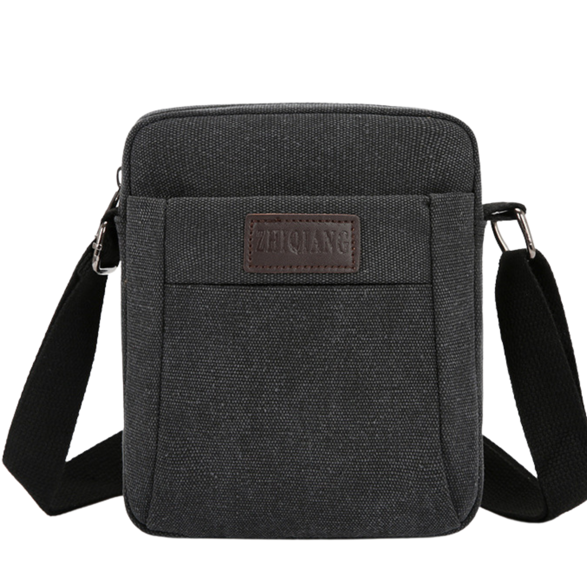 Small compact canvas messenger bag with adjustable strap and multiple zipper pockets in black.