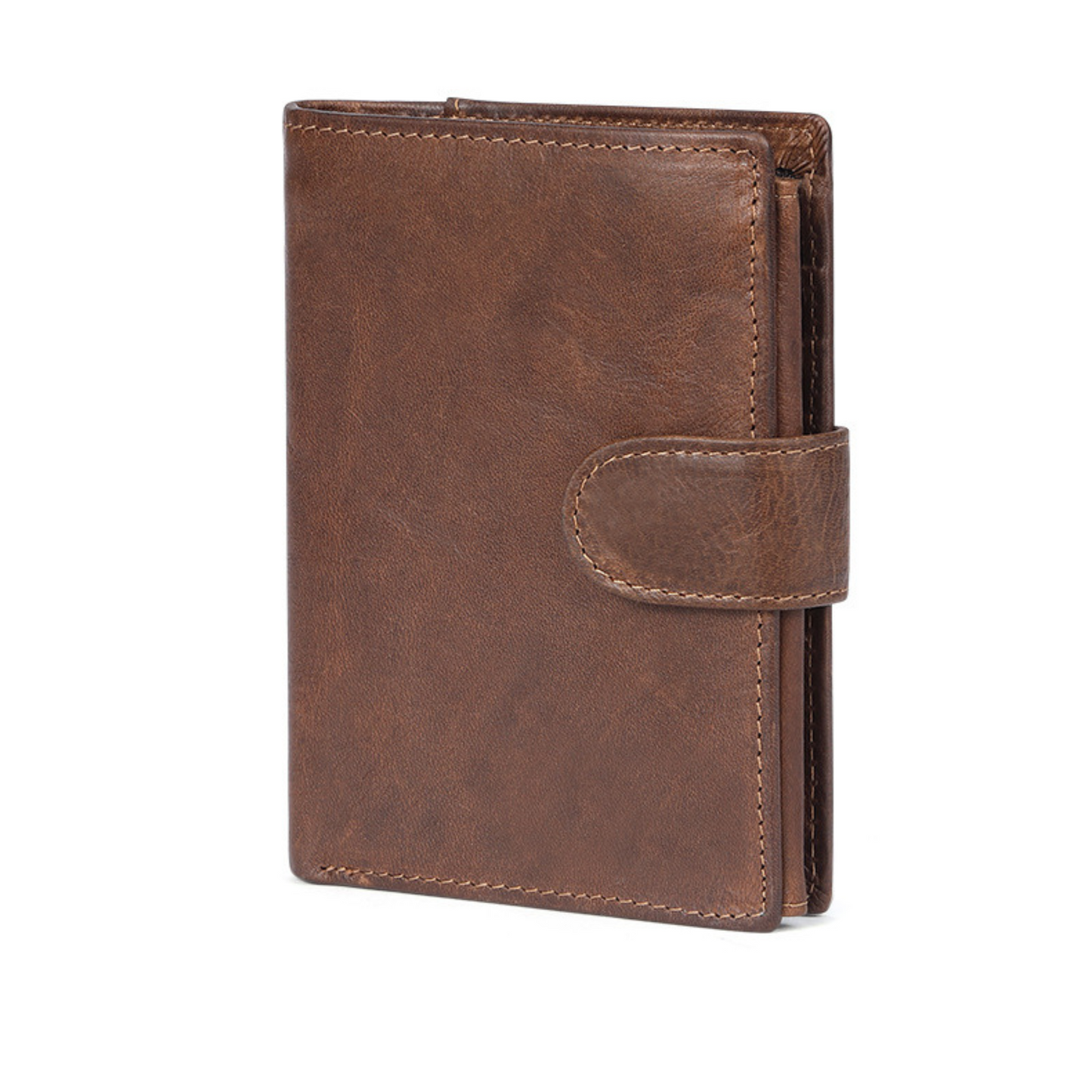 Top Grain Genuine Leather Cash Coin Card Photo ID Wallet Organiser in dark brown with button closure.