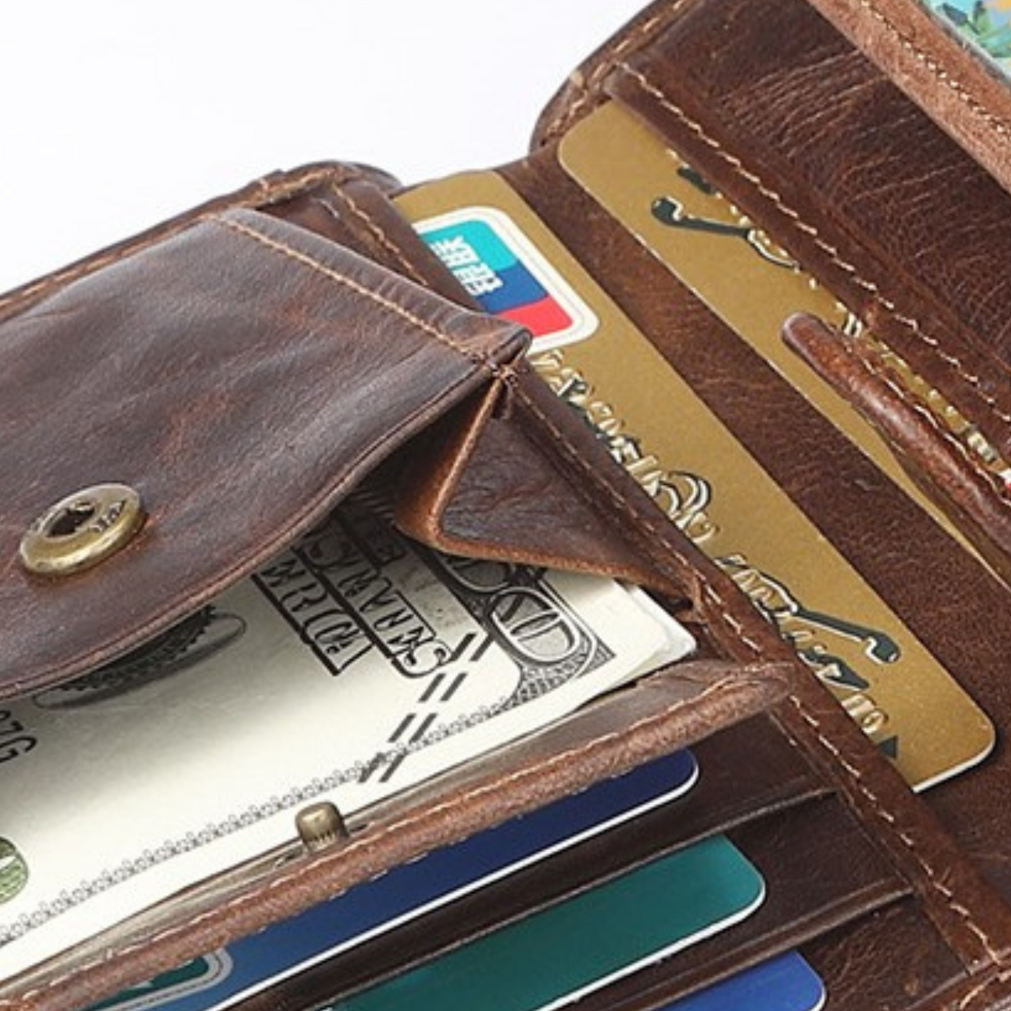 Inside view of a top grain leather wallet showing cash and card slots for organization and easy access.