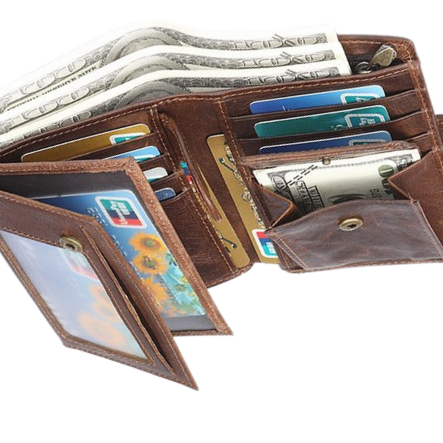 Top Grain Genuine Leather Wallet Organiser with cash and cards, showcasing luxury and functionality.