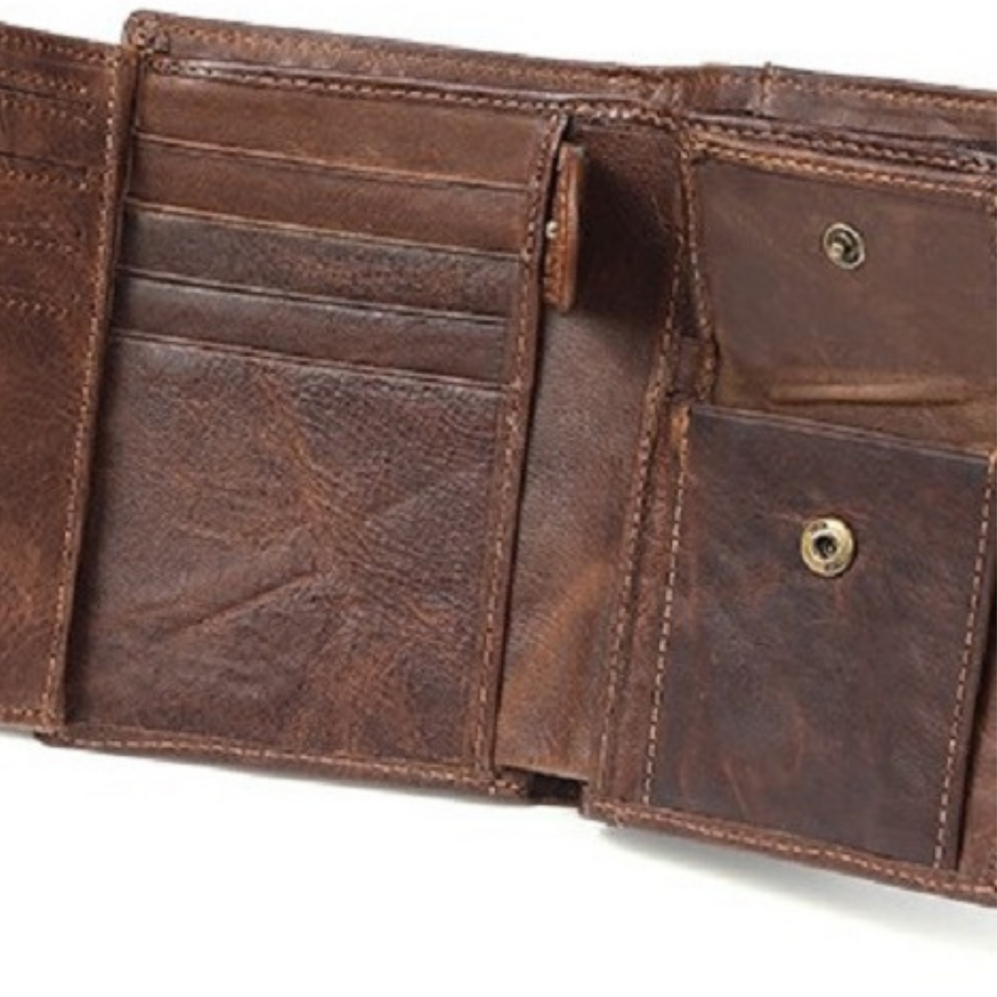 Inside view of a top grain genuine leather wallet with card slots and coin pocket.