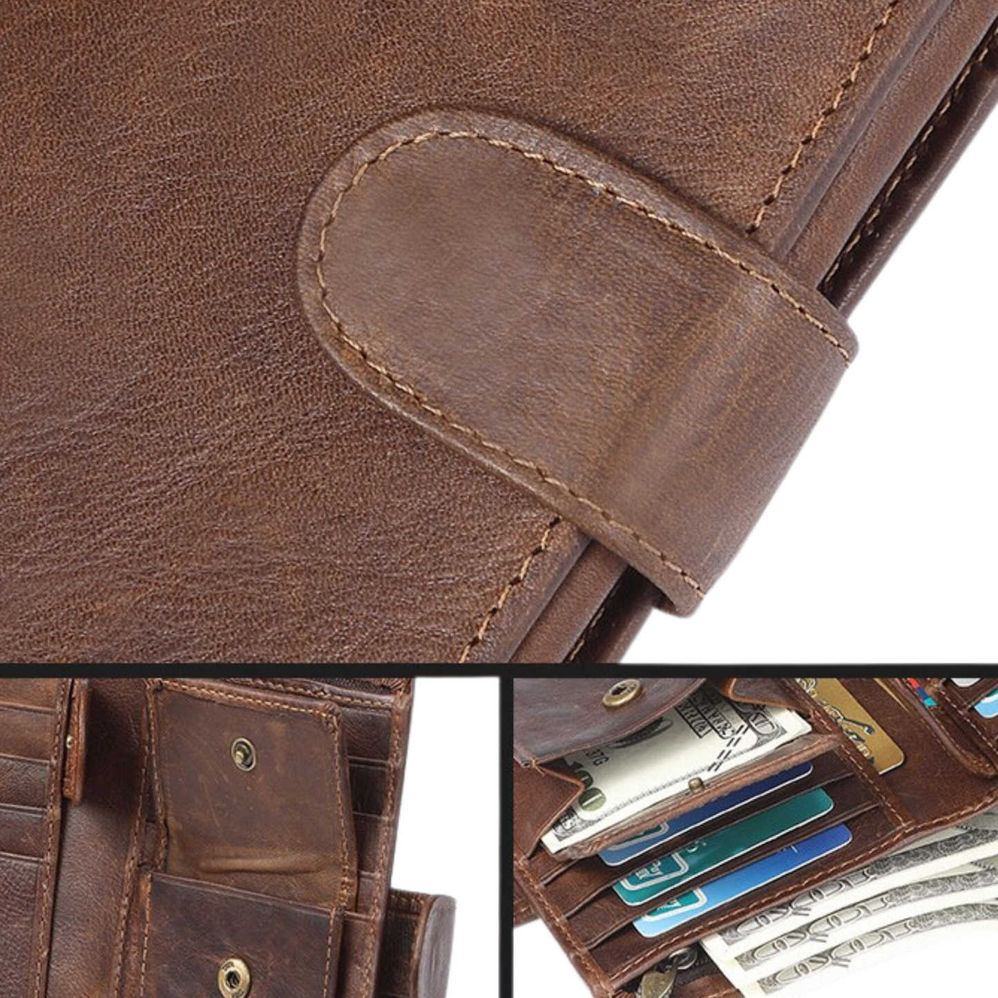 Close-up of top grain genuine leather wallet organizer with cash and card slots, showcasing luxury and functionality.