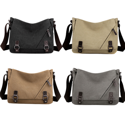 Stylish men's and women's canvas bags, crossbody messenger satchels in black, beige, brown, and gray.