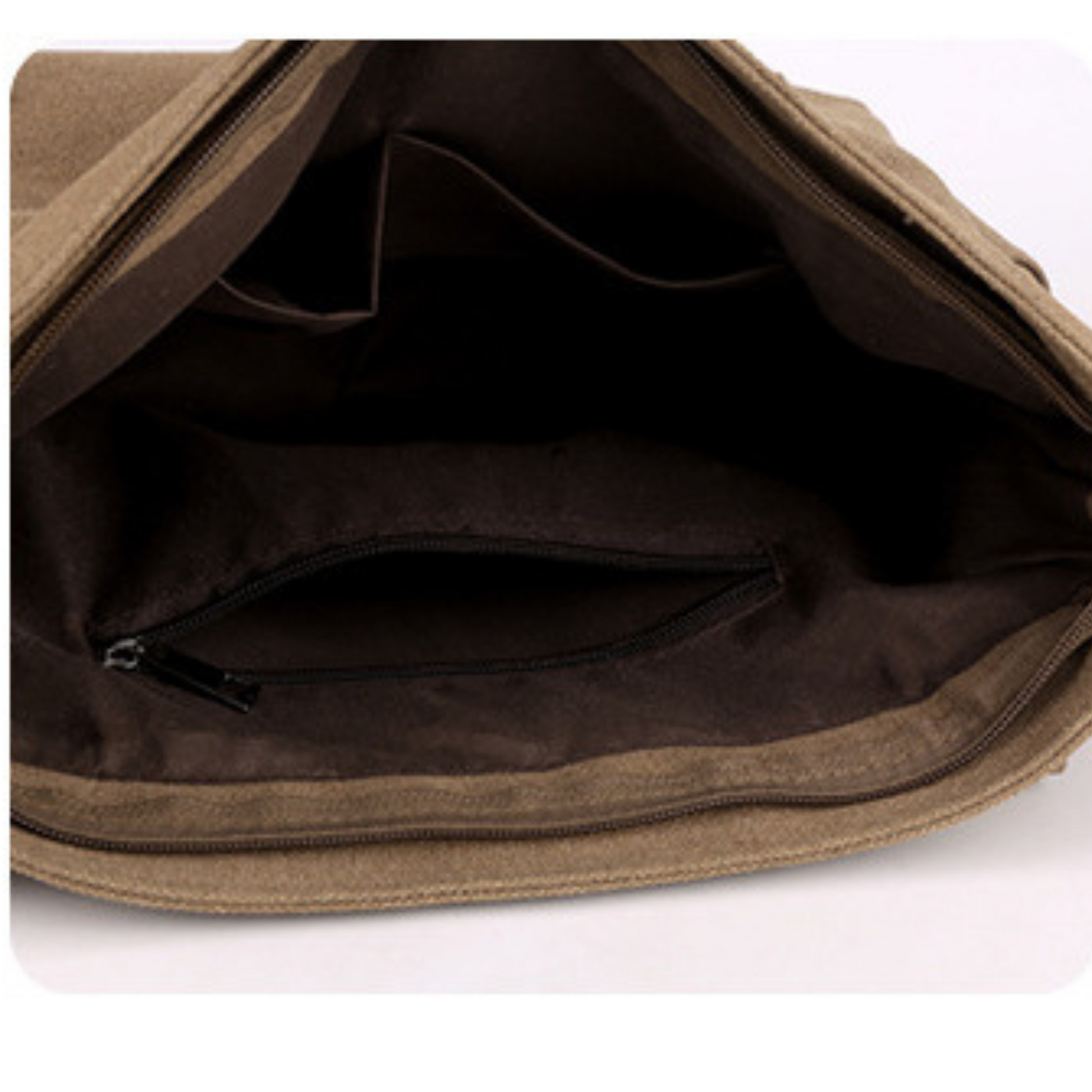 Interior view of a men's women's canvas cross body messenger satchel with zipper pocket and spacious design.