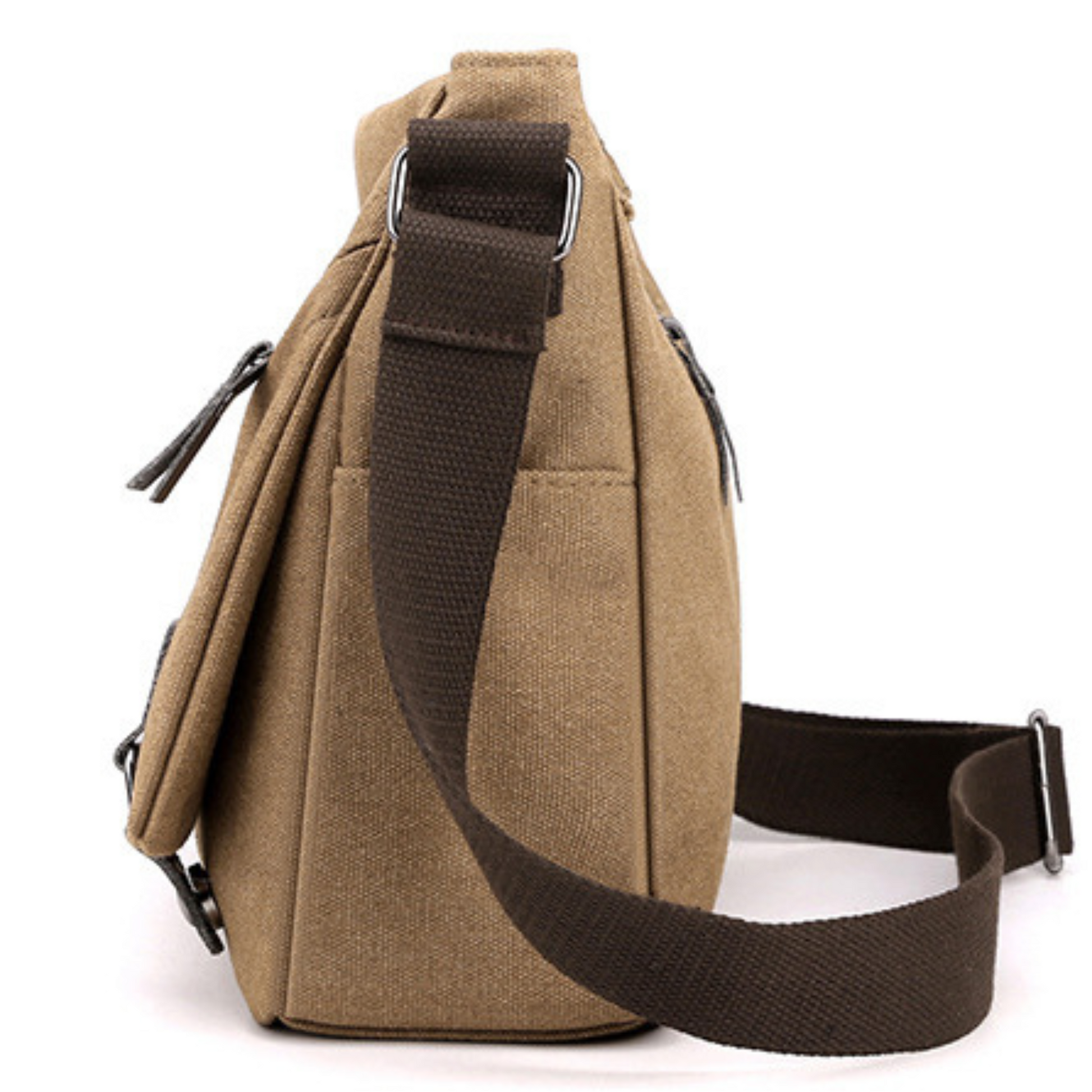 Mens and womens canvas cross body messenger bag with adjustable strap and side pockets.