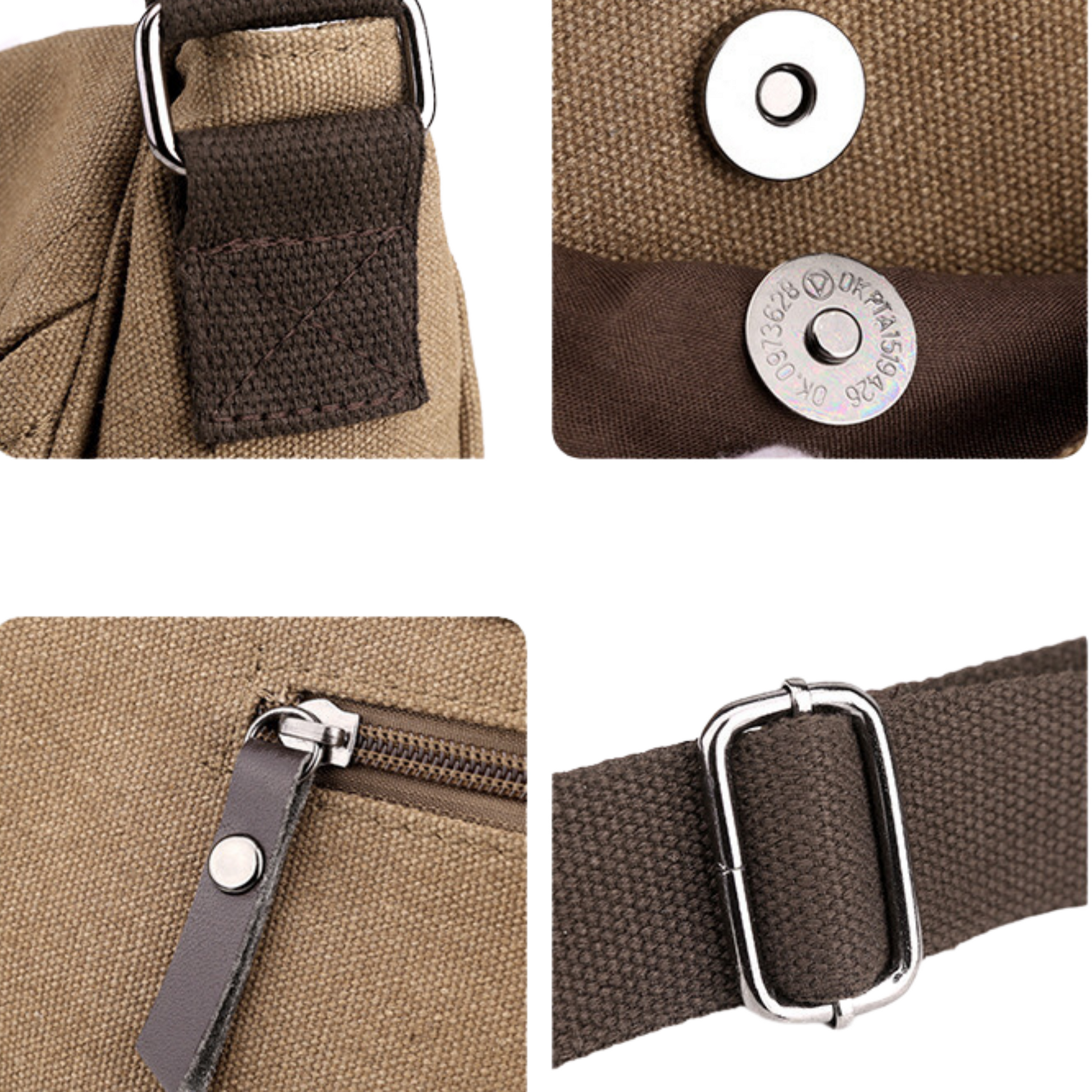 Close-up details of a men's women's canvas crossbody bag, showcasing zipper, strap, and button features.