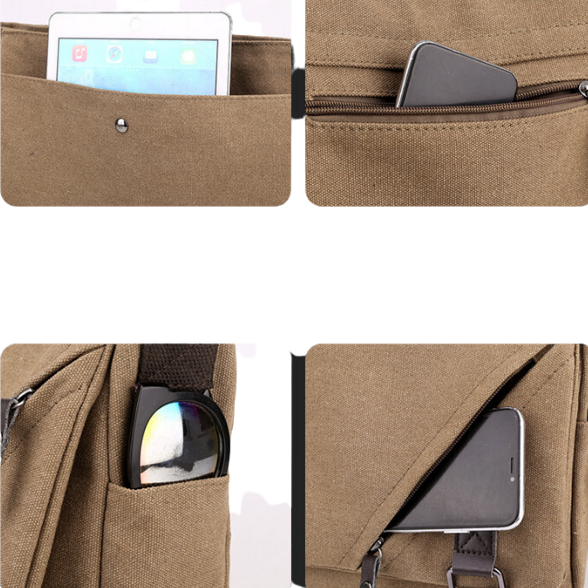 Close-up of pockets in a canvas crossbody bag, showcasing storage for a tablet, phone, and sunglasses.