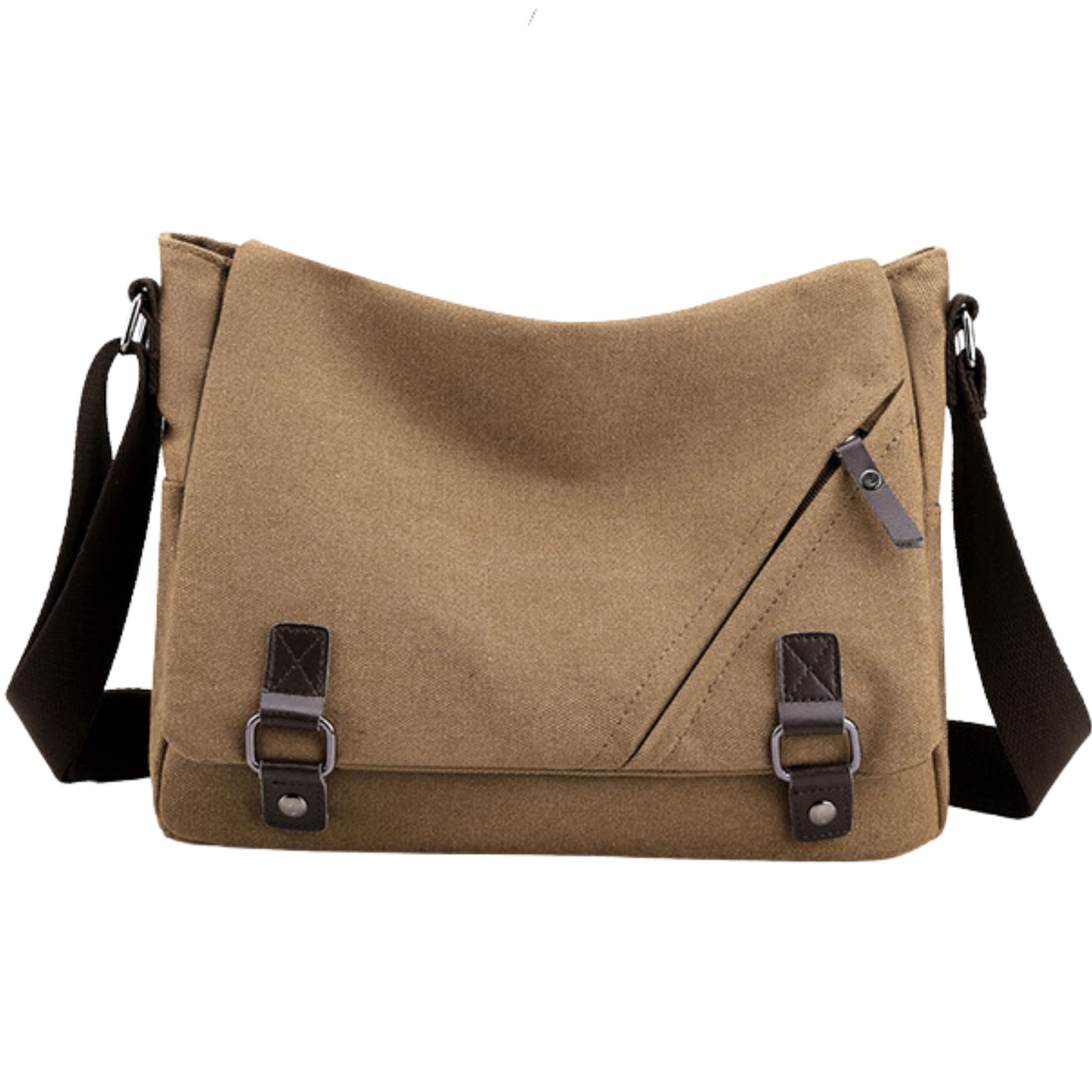 Stylish men's and women's canvas cross body messenger bag with adjustable strap and zipper closure.