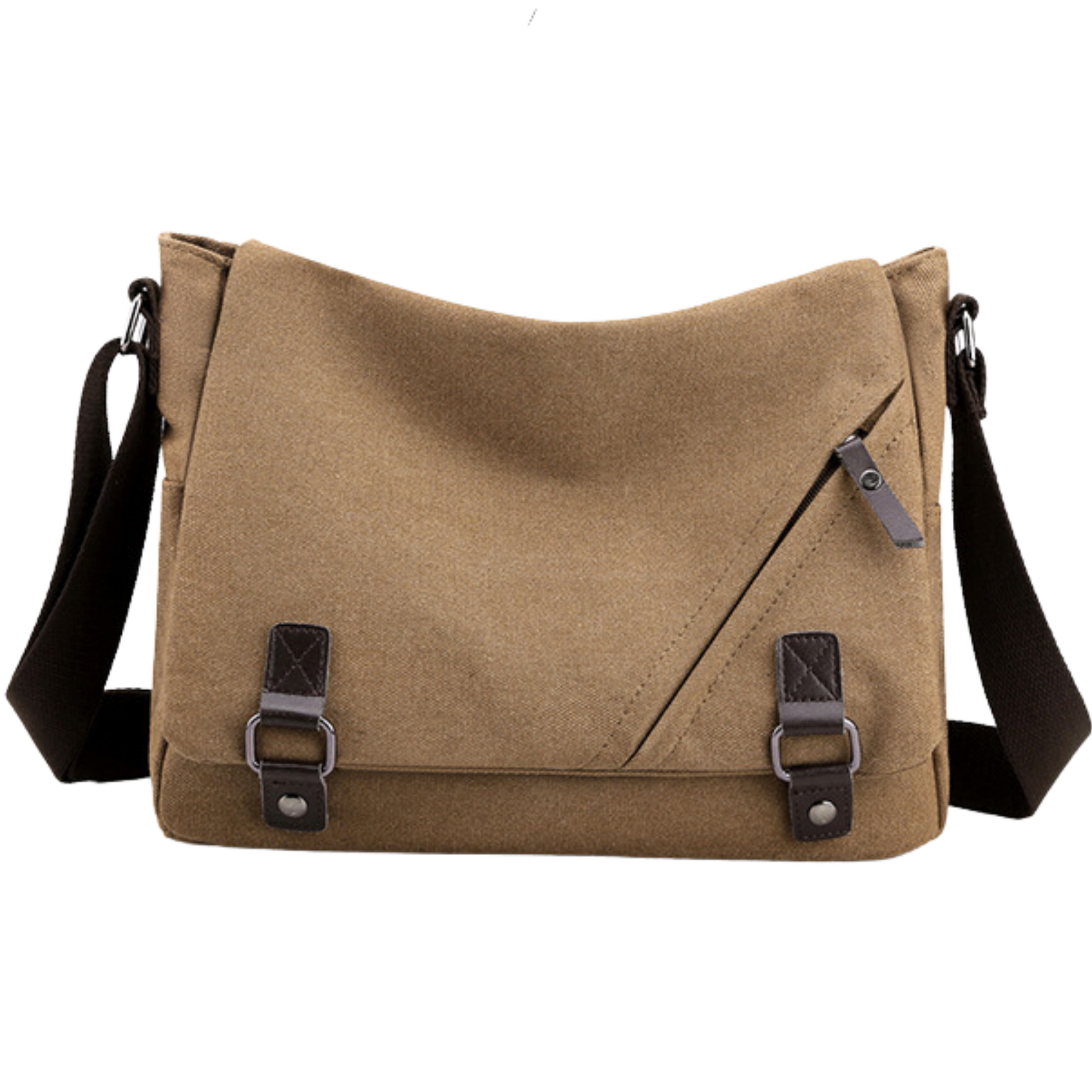 Stylish men's and women's canvas cross body messenger bag with adjustable strap and zipper closure.