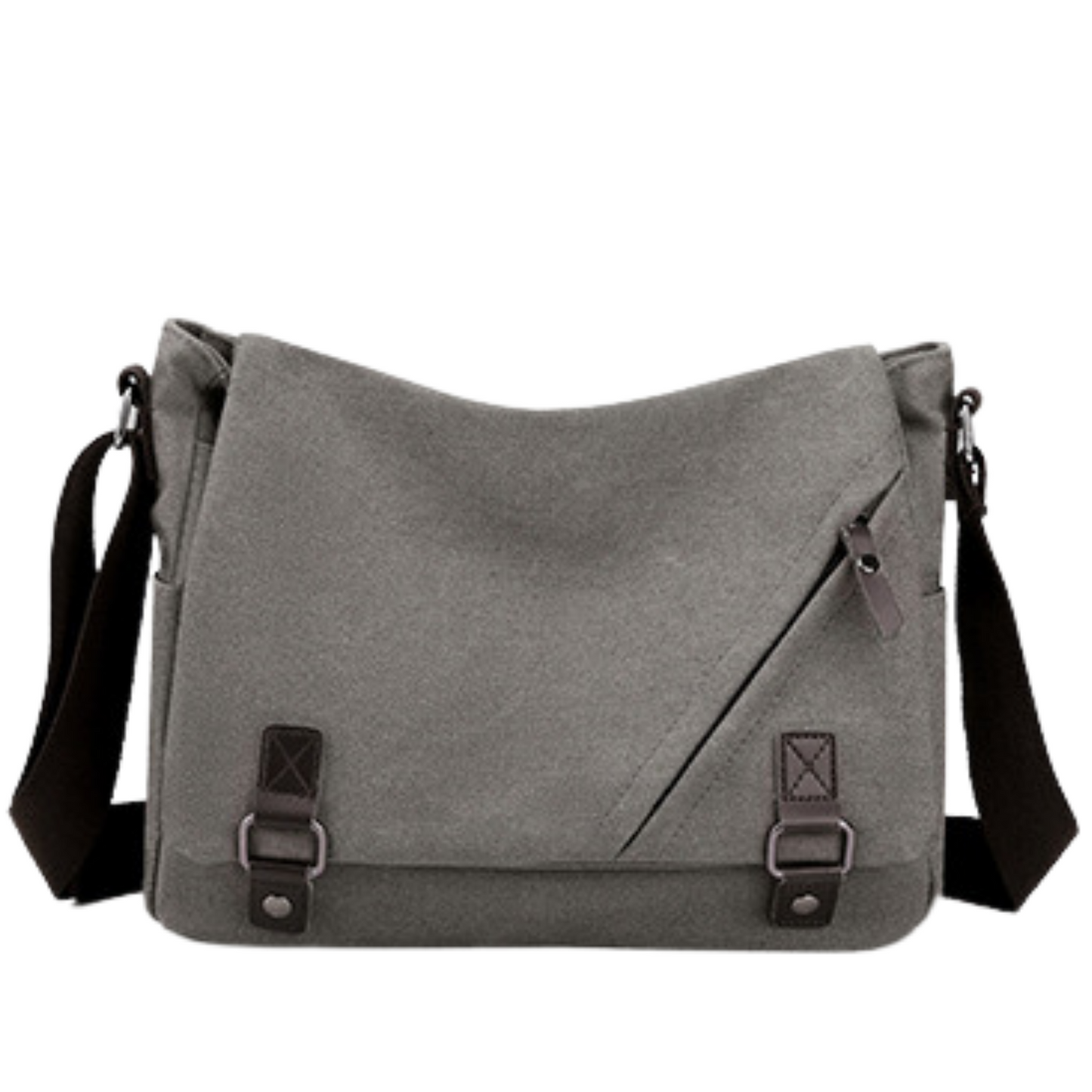 Gray canvas cross body messenger satchel bag with adjustable strap and zipper pocket.