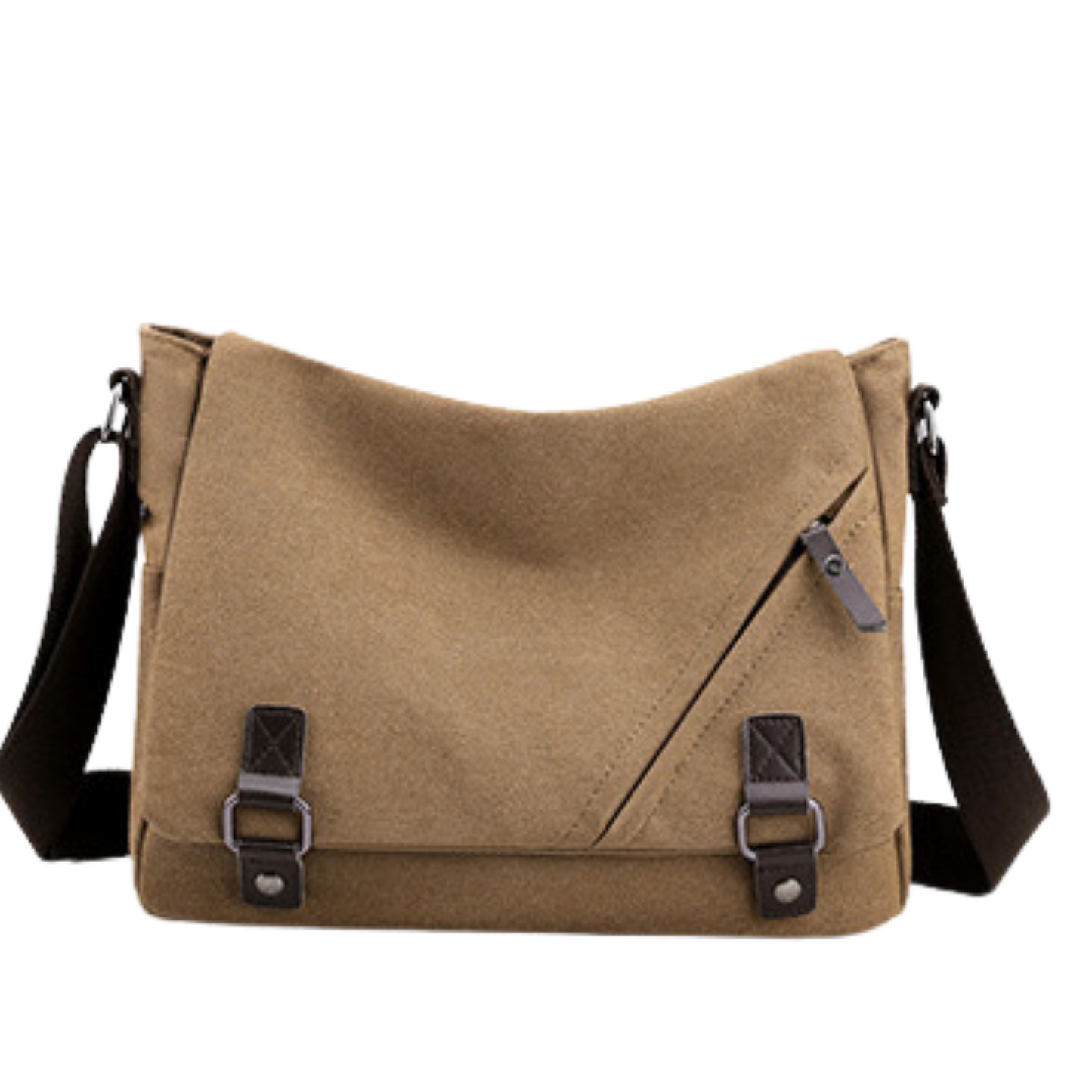 Men's Women's Canvas Bag Cross Body Messenger Satchel in brown with adjustable strap and zipper pocket.