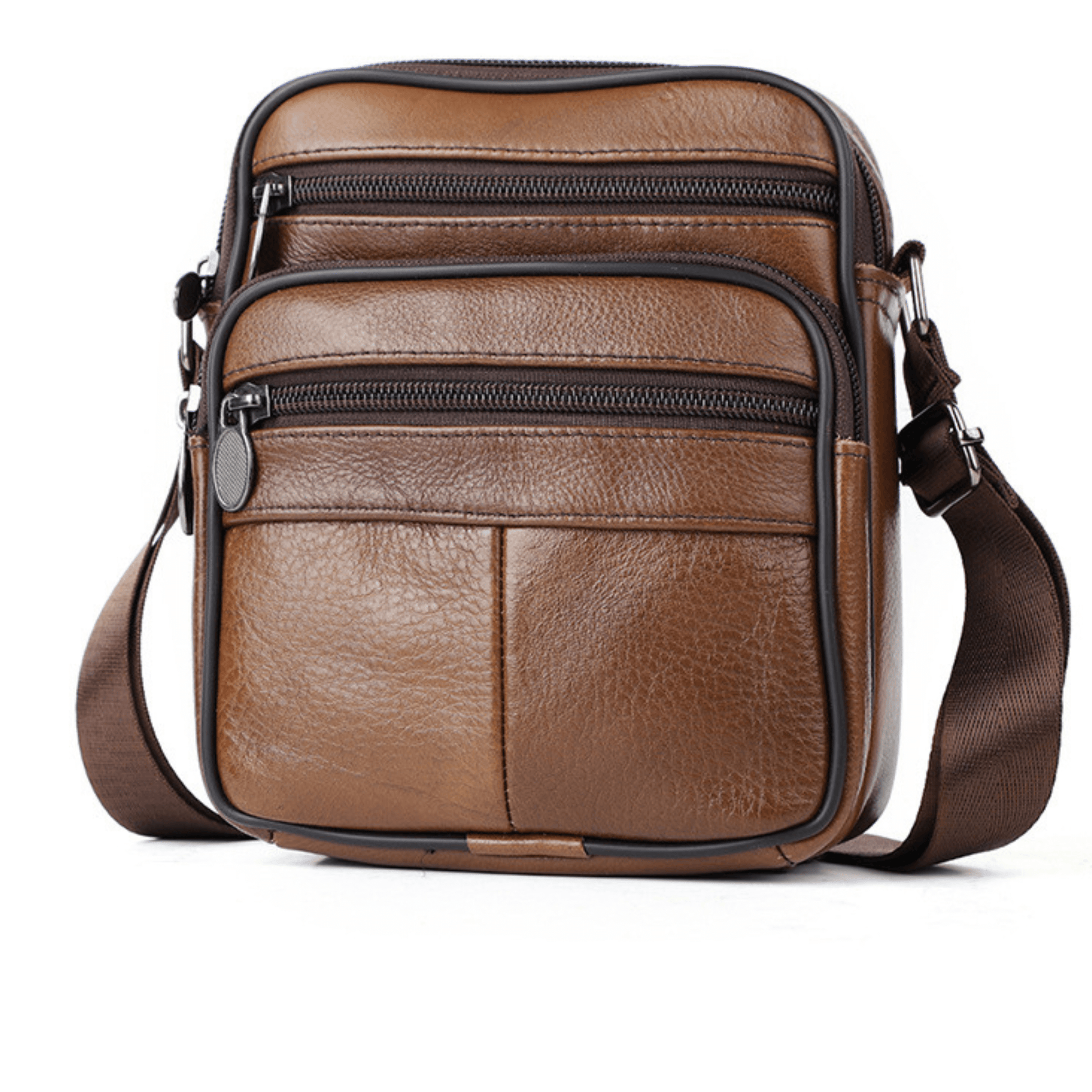 Brown leather cross body messenger bag with multiple zippers for men and women, ideal for daily essentials.