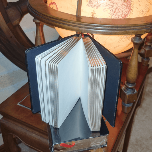 Black Genuine Leather Gold Edged Travel Journal showing 240 blank pages, elegantly displayed next to a globe.