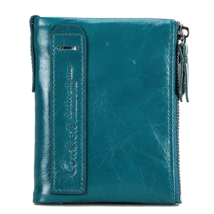Teal top grain leather wallet clutch purse with zip closure and card organizer pockets.