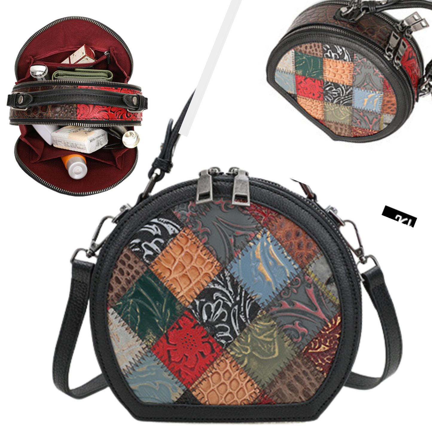 Women's Genuine Full Grain Leather Cross Body Round Carry Handbag Purse