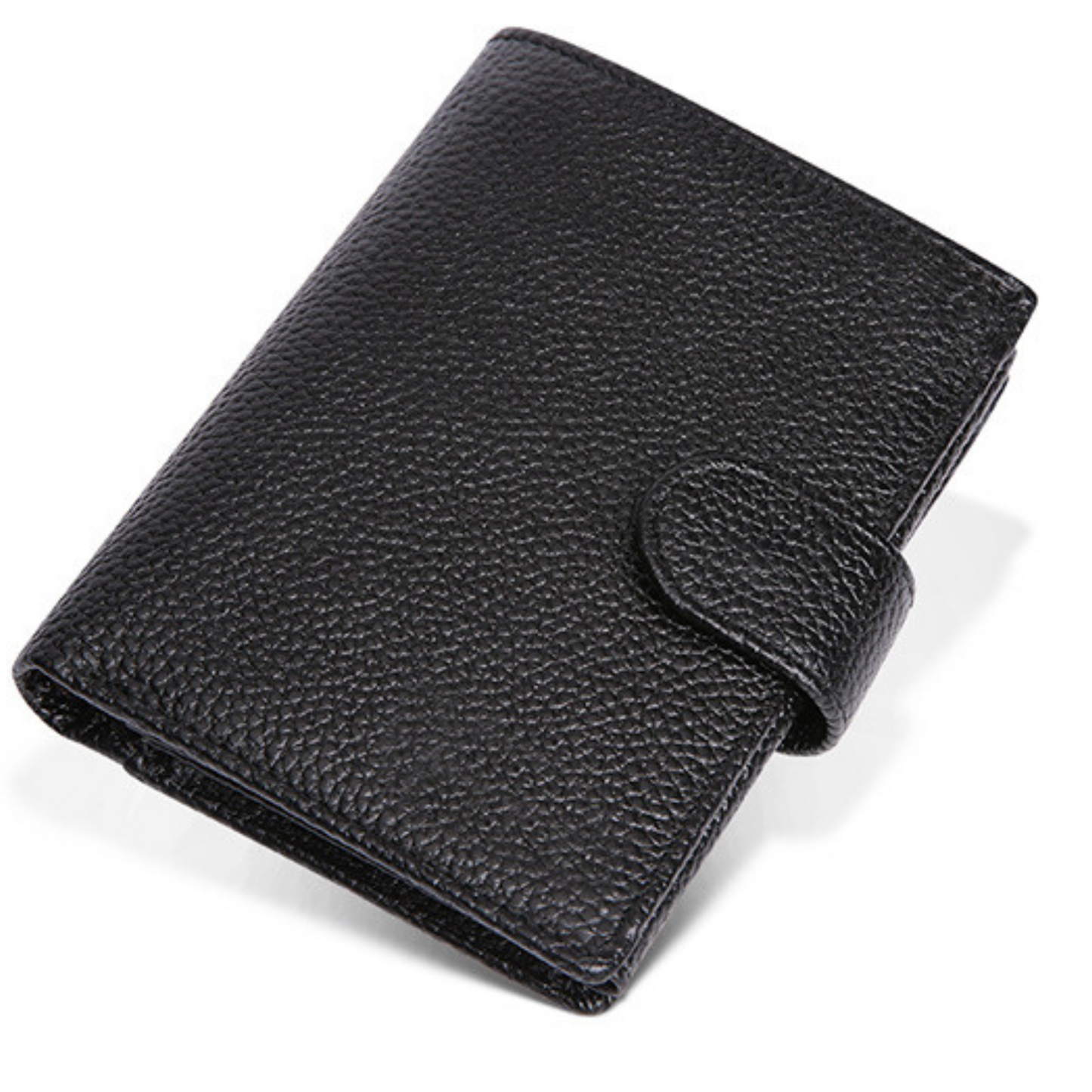 Black top grain genuine leather wallet organizer for cash, coins, and cards, designed for luxury and functionality.