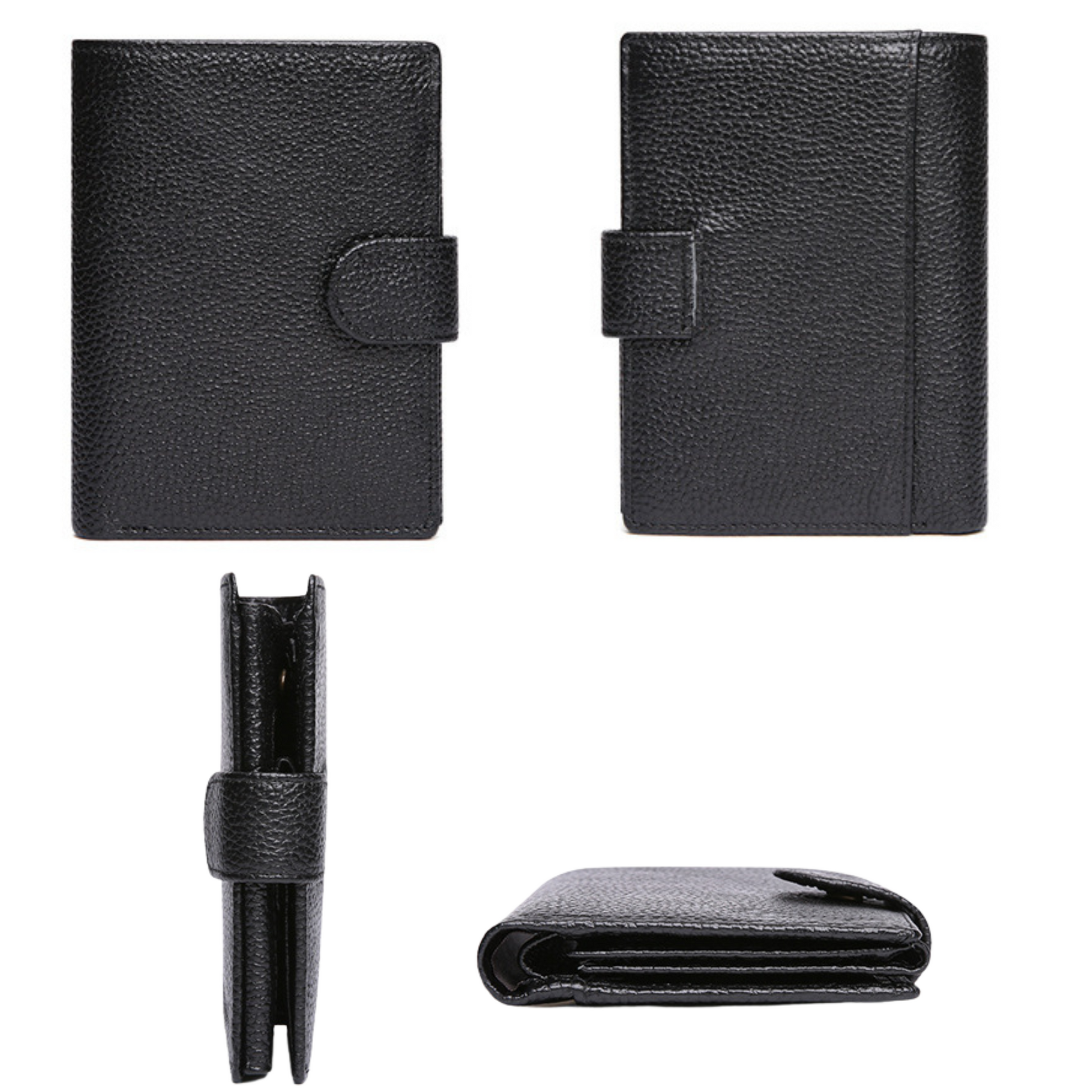 Top Grain Genuine Leather Wallet Organiser showing sleek black design and various angles for cash, coins, and cards.